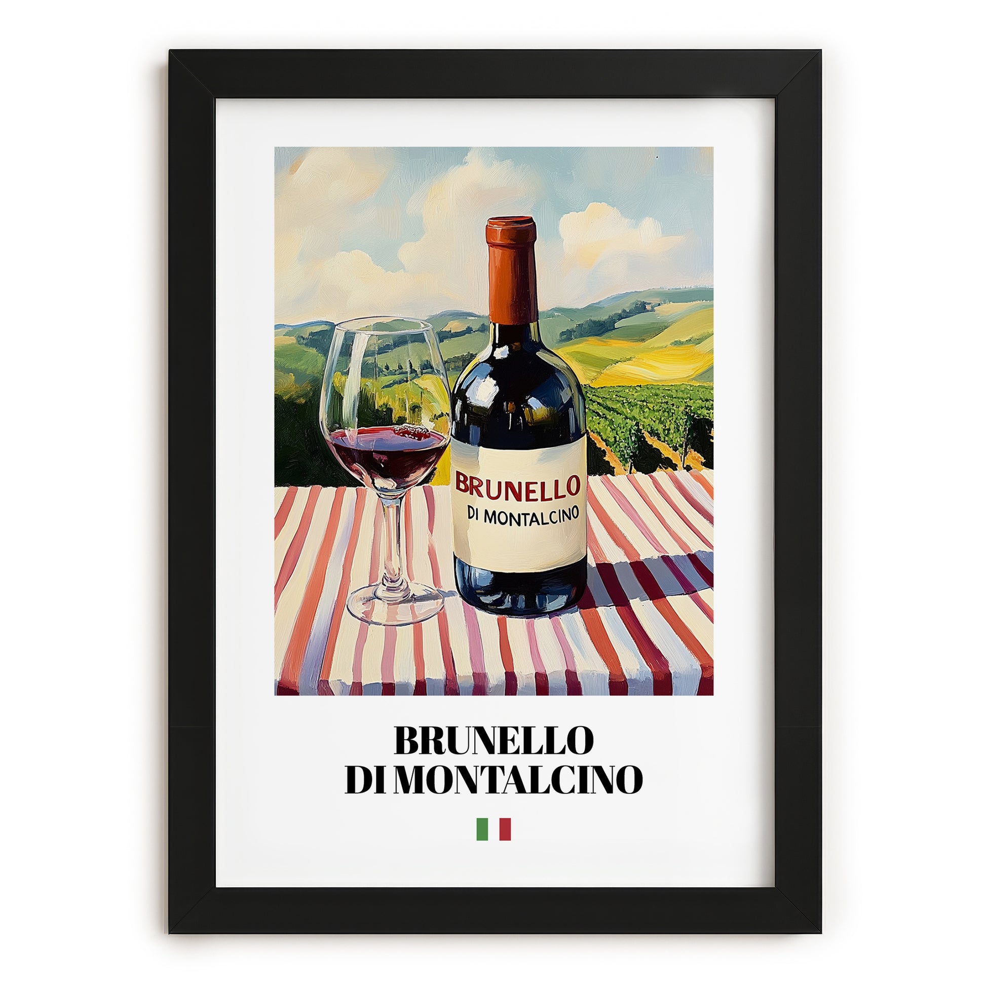 Brunello di Montalcino – Italian Red Wine, Vineyard Terrace Still Life, in sleek black frame
