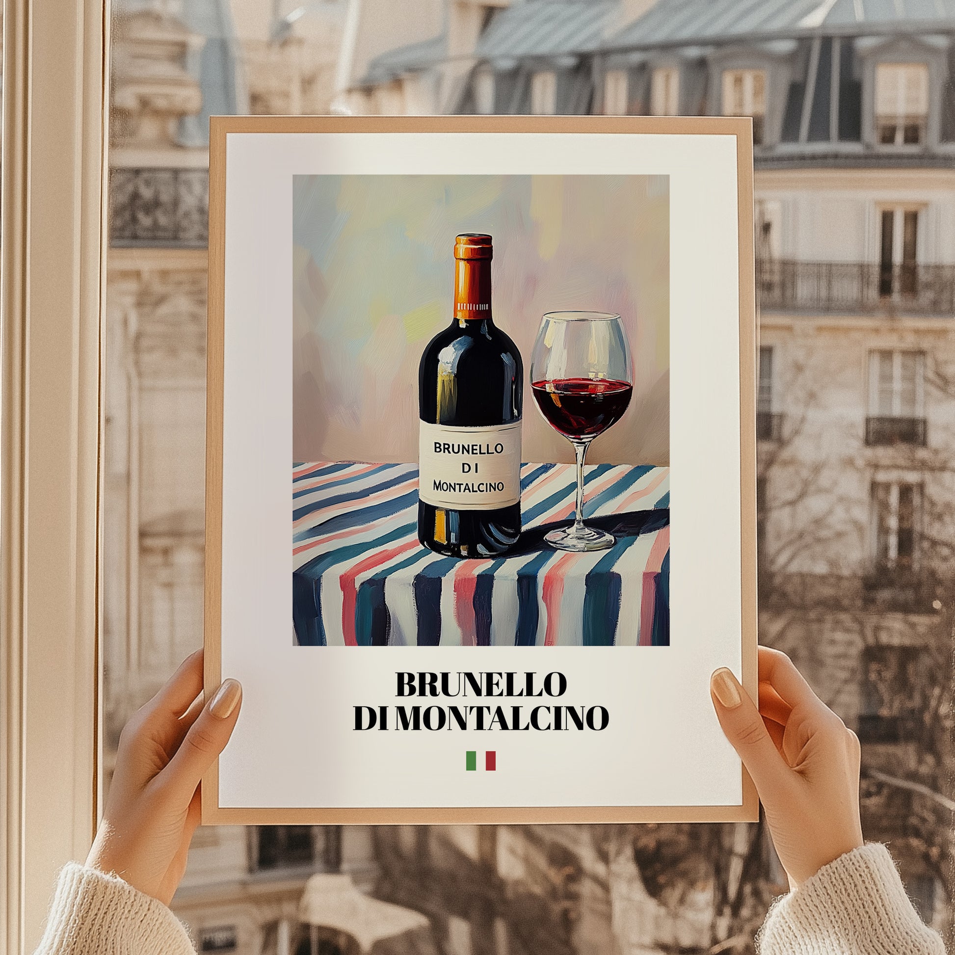 Brunello di Montalcino – Italian Red Wine, Vineyard Terrace Print, styled in a charming Paris street view