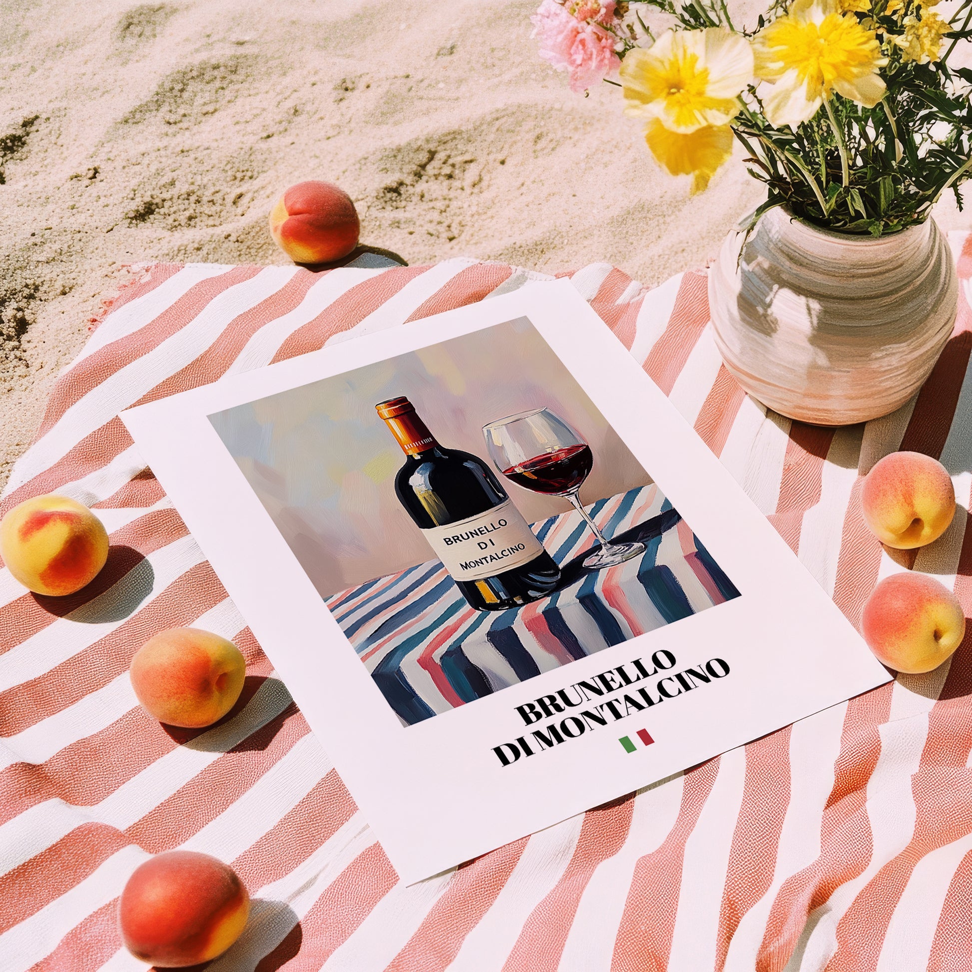 Brunello di Montalcino – Italian Red Wine, Vineyard Terrace Print, unframed on coastal sand