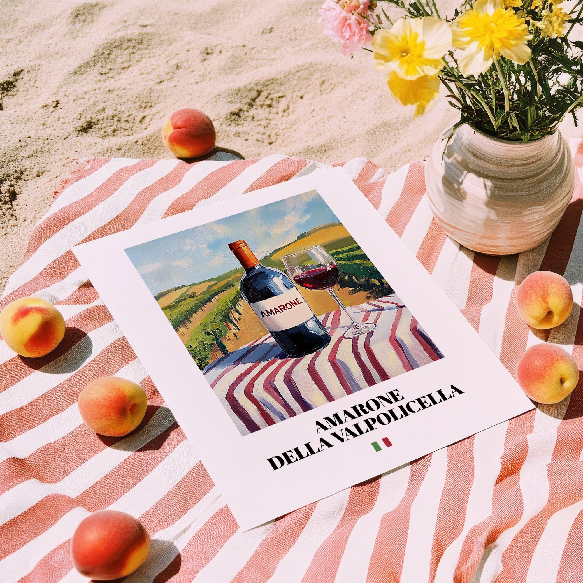 Amarone della Valpolicella – Italian Red Wine, Wine Bar Still Life, unframed on coastal sand