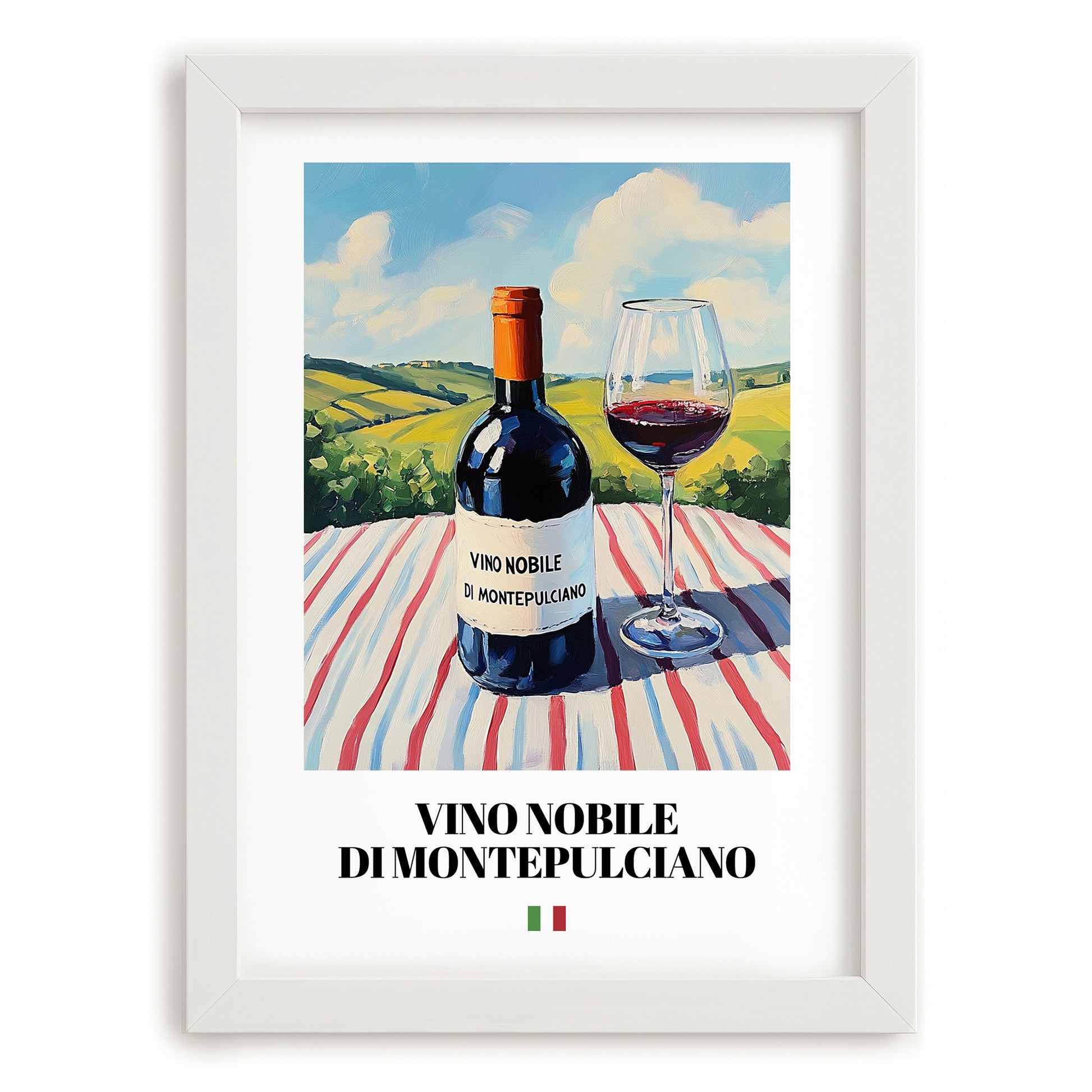Vino Nobile di Montepulciano – Italian Red Wine, Vineyard Terrace Poster, placed in minimal white frame