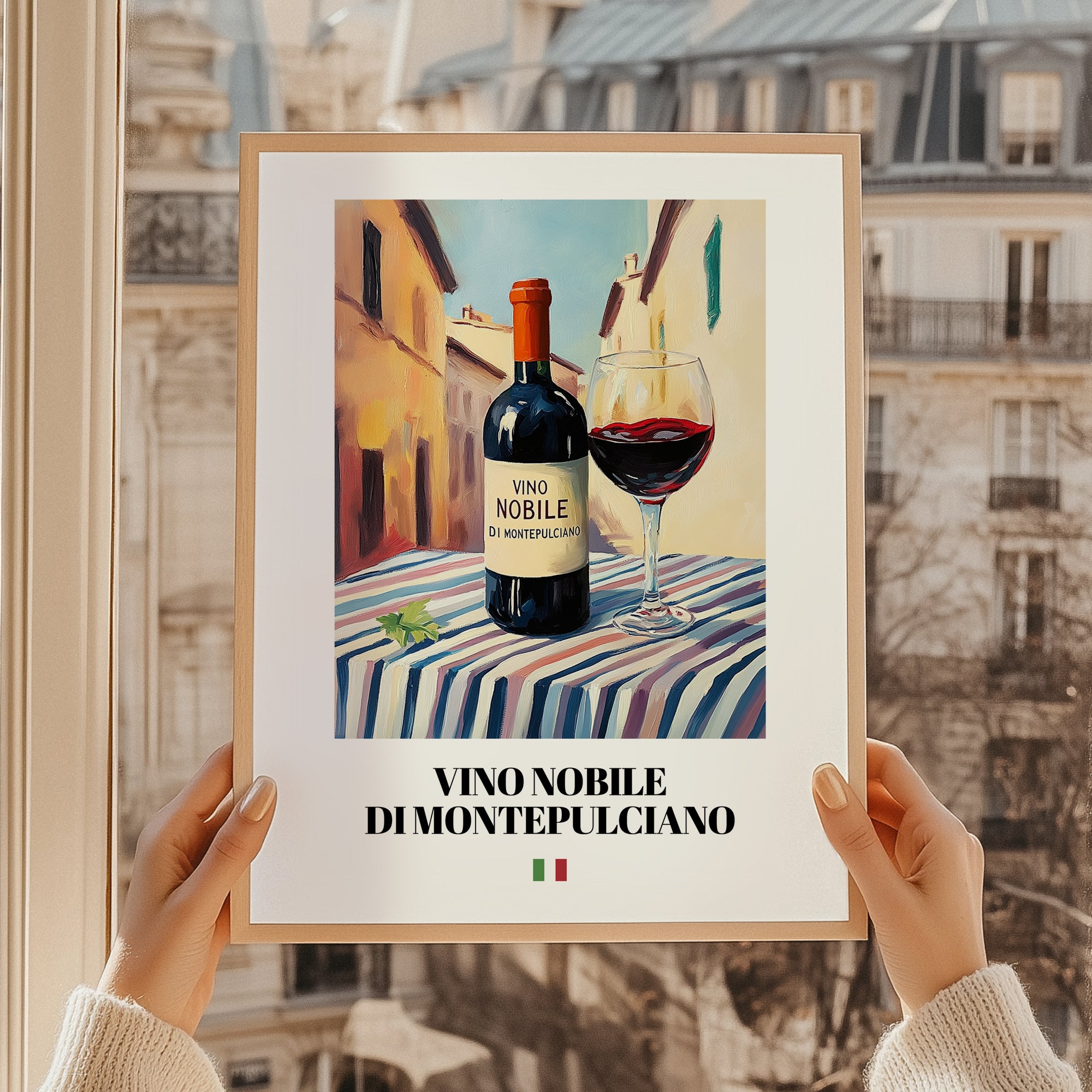 Vino Nobile di Montepulciano – Italian Red Wine, Vinoteca Print, styled in a charming Paris street view