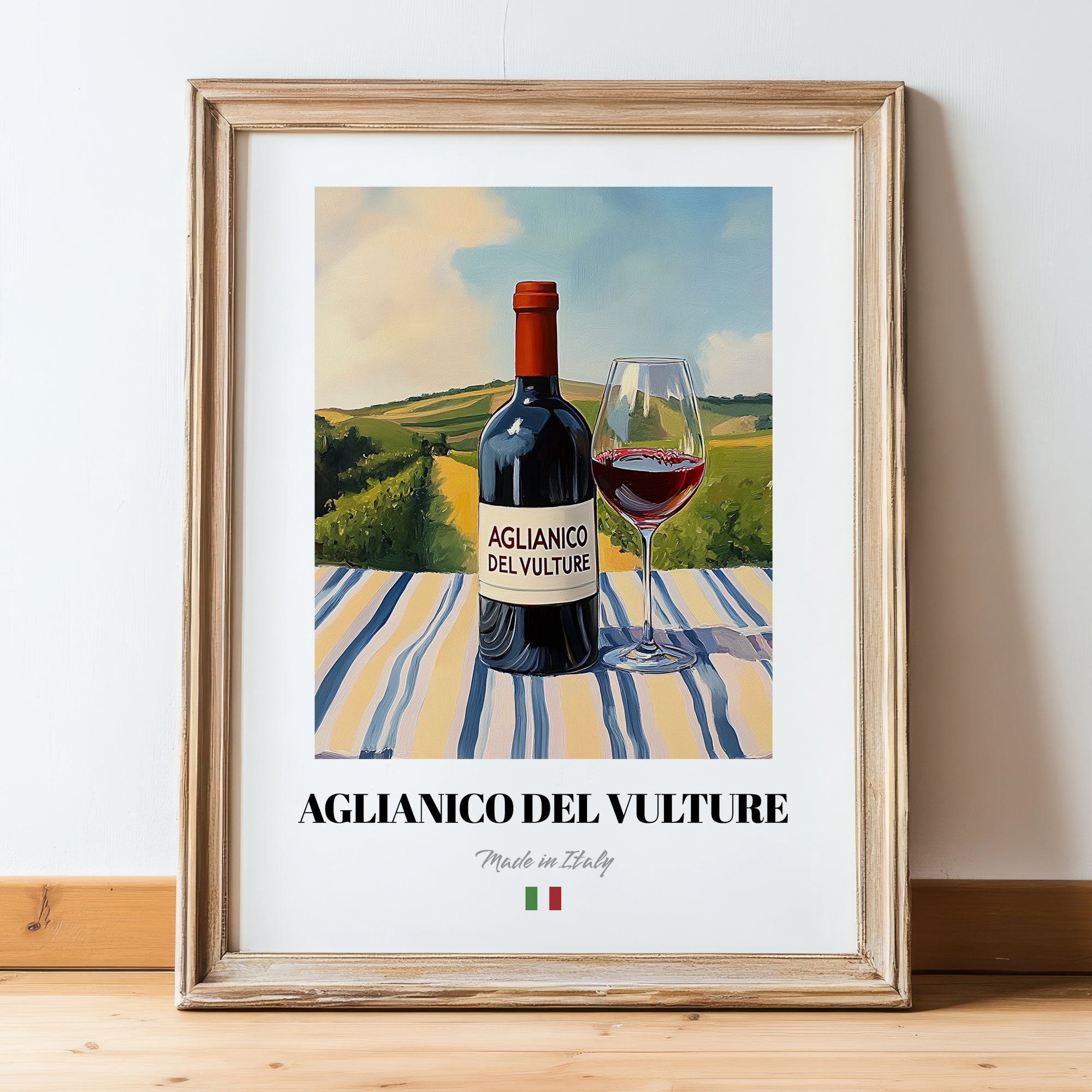 Aglianico del Vulture – Italian Red Wine, Vinoteca Still Life, in wooden frame leaning on the floor