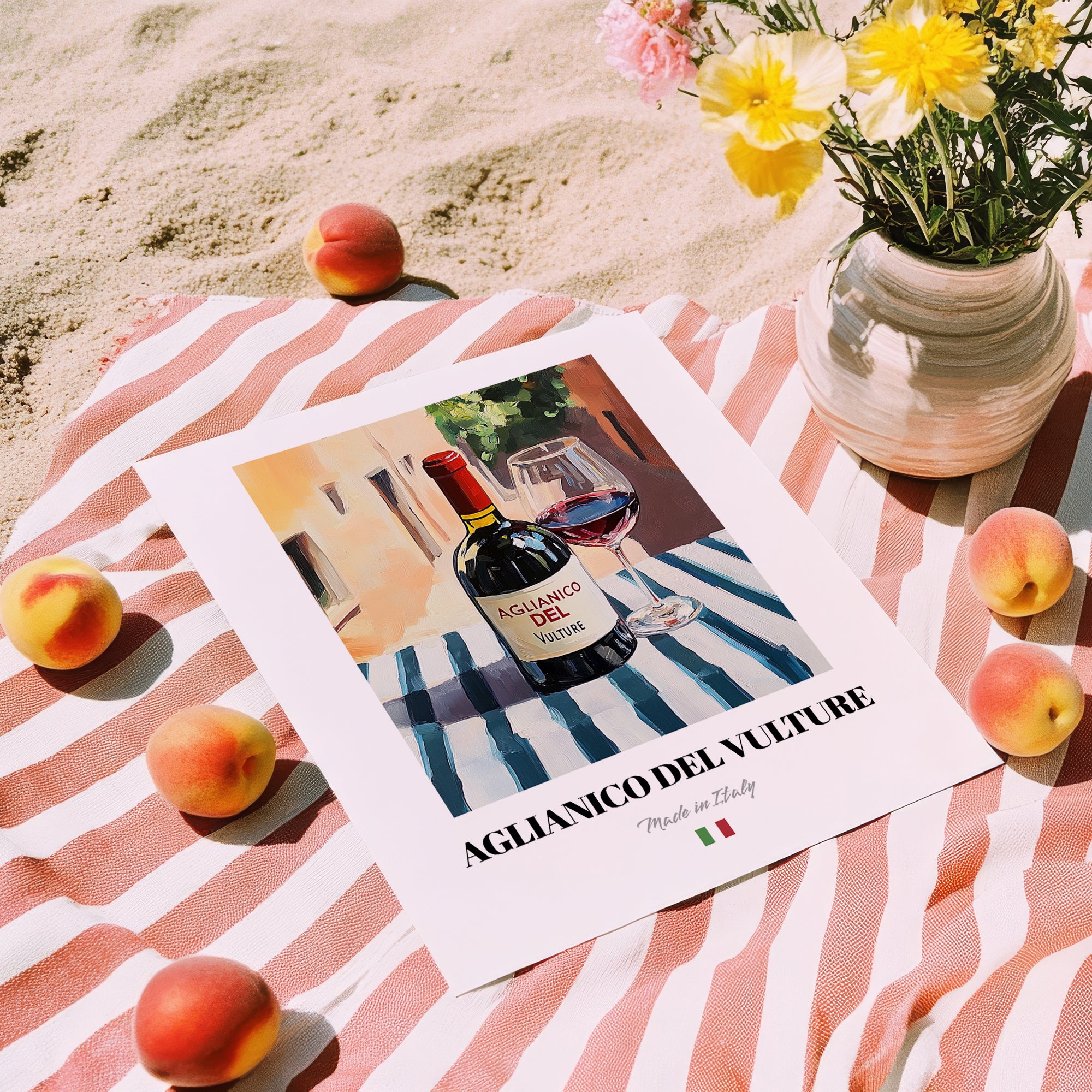 Aglianico del Vulture – Italian Red Wine, Vineyard Terrace Poster, unframed on coastal sand