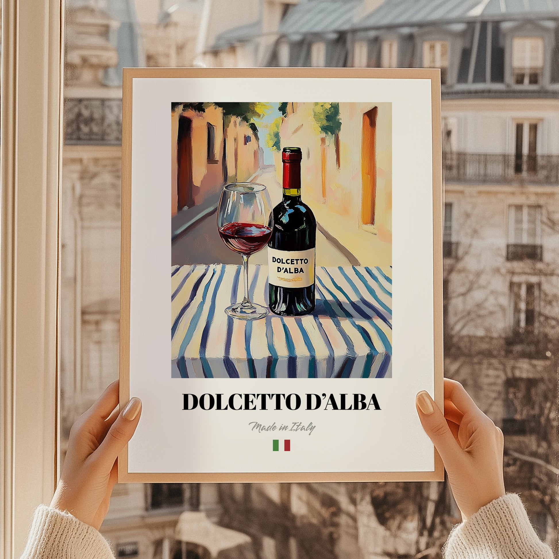 Dolcetto d'Alba – Italian Red Wine, Enoteca Poster, styled in a charming Paris street view