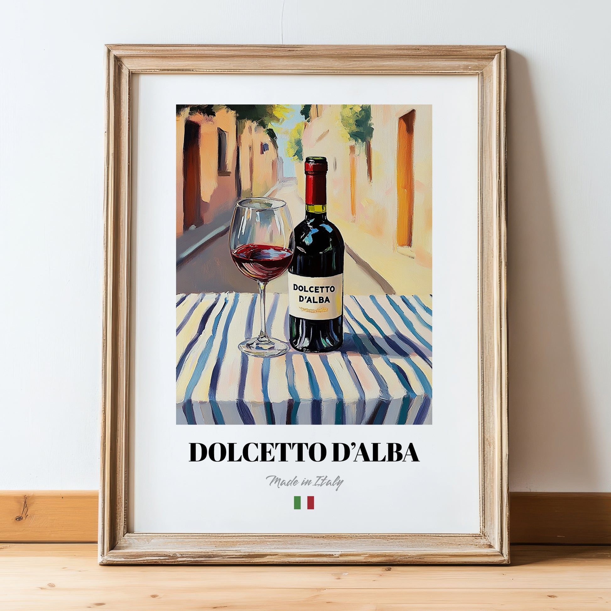 Dolcetto d'Alba – Italian Red Wine, Enoteca Poster, in wooden frame leaning on the floor