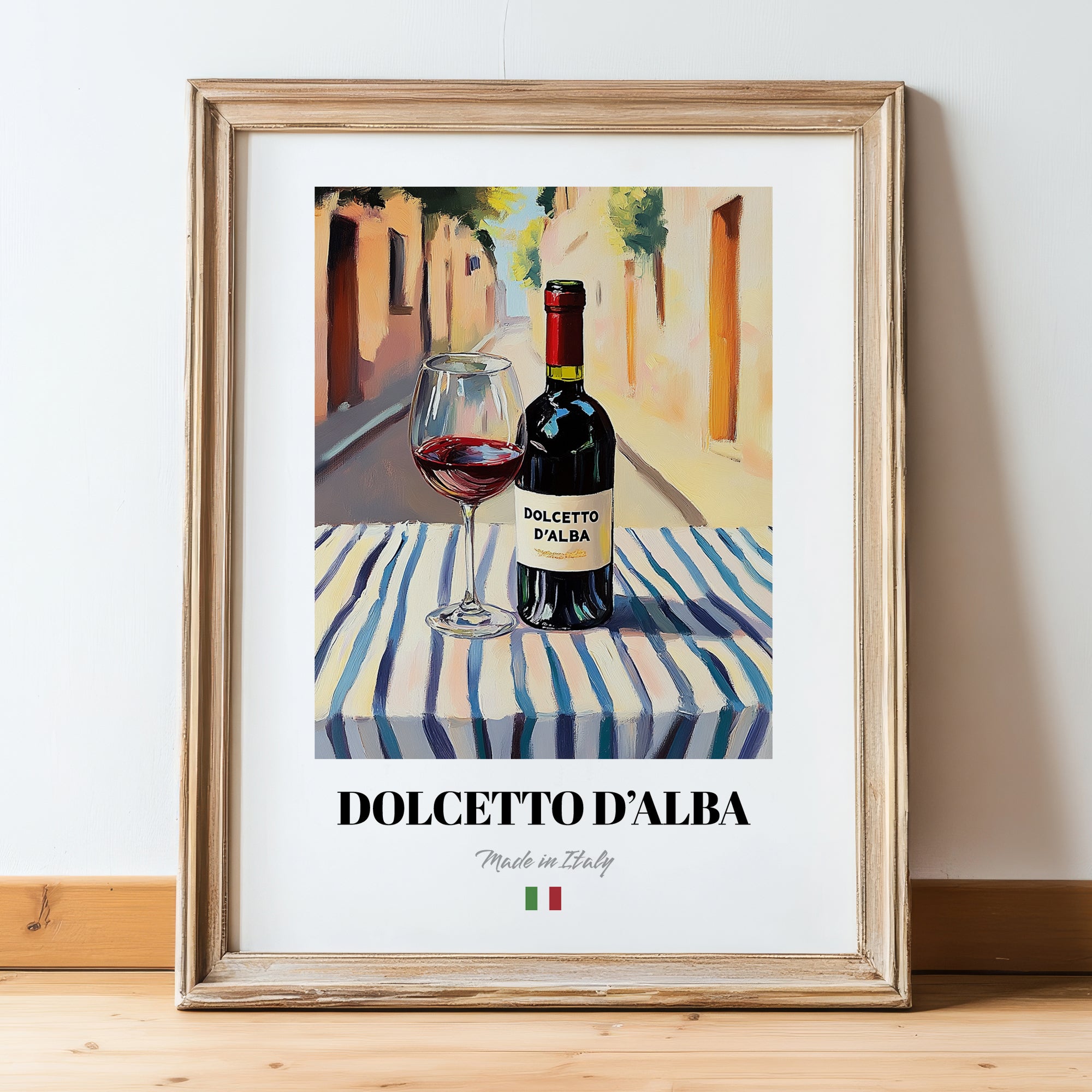 Dolcetto d'Alba – Italian Red Wine, Enoteca Poster, in wooden frame leaning on the floor
