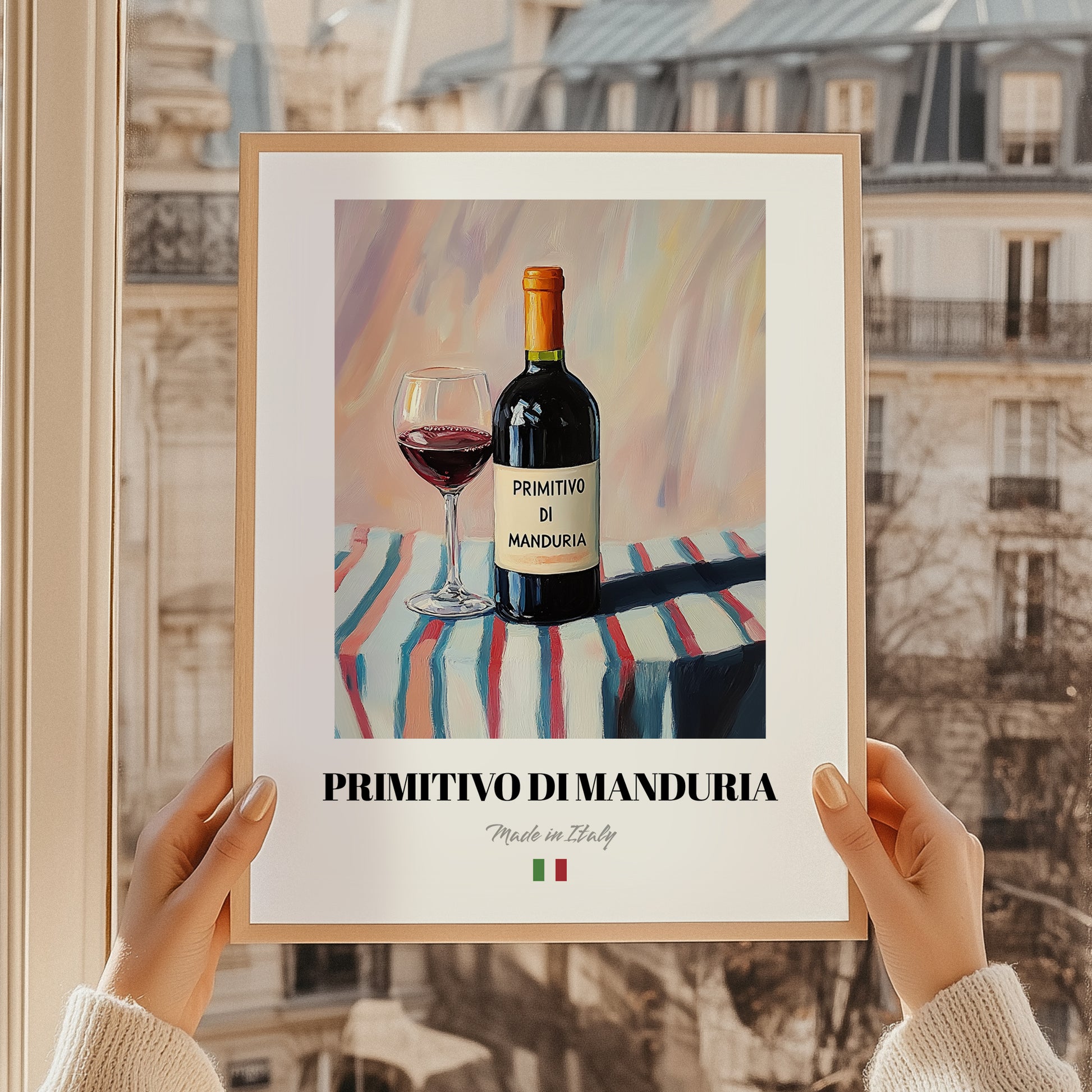 Primitivo di Manduria – Italian Red Wine, Wine Bar Poster, styled in a charming Paris street view