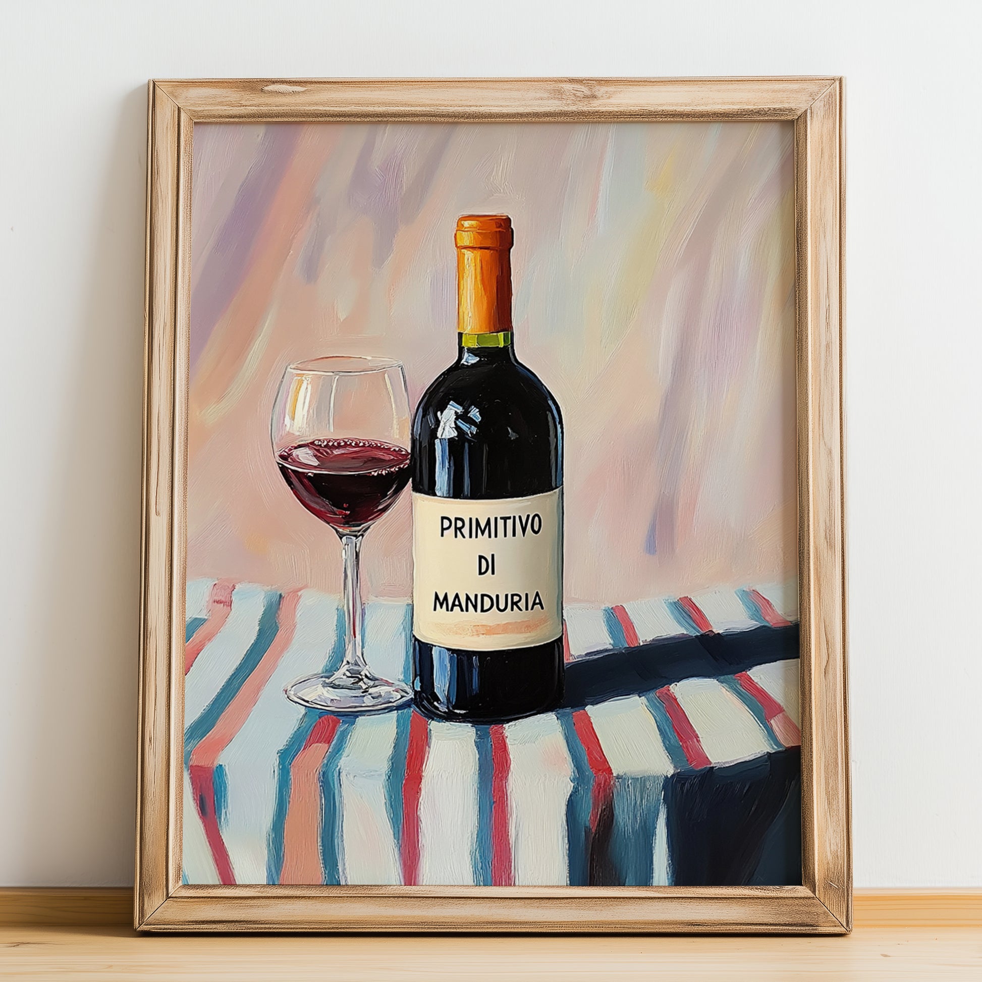 Primitivo di Manduria – Italian Red Wine, Wine Bar Poster, no-text version framed in wood