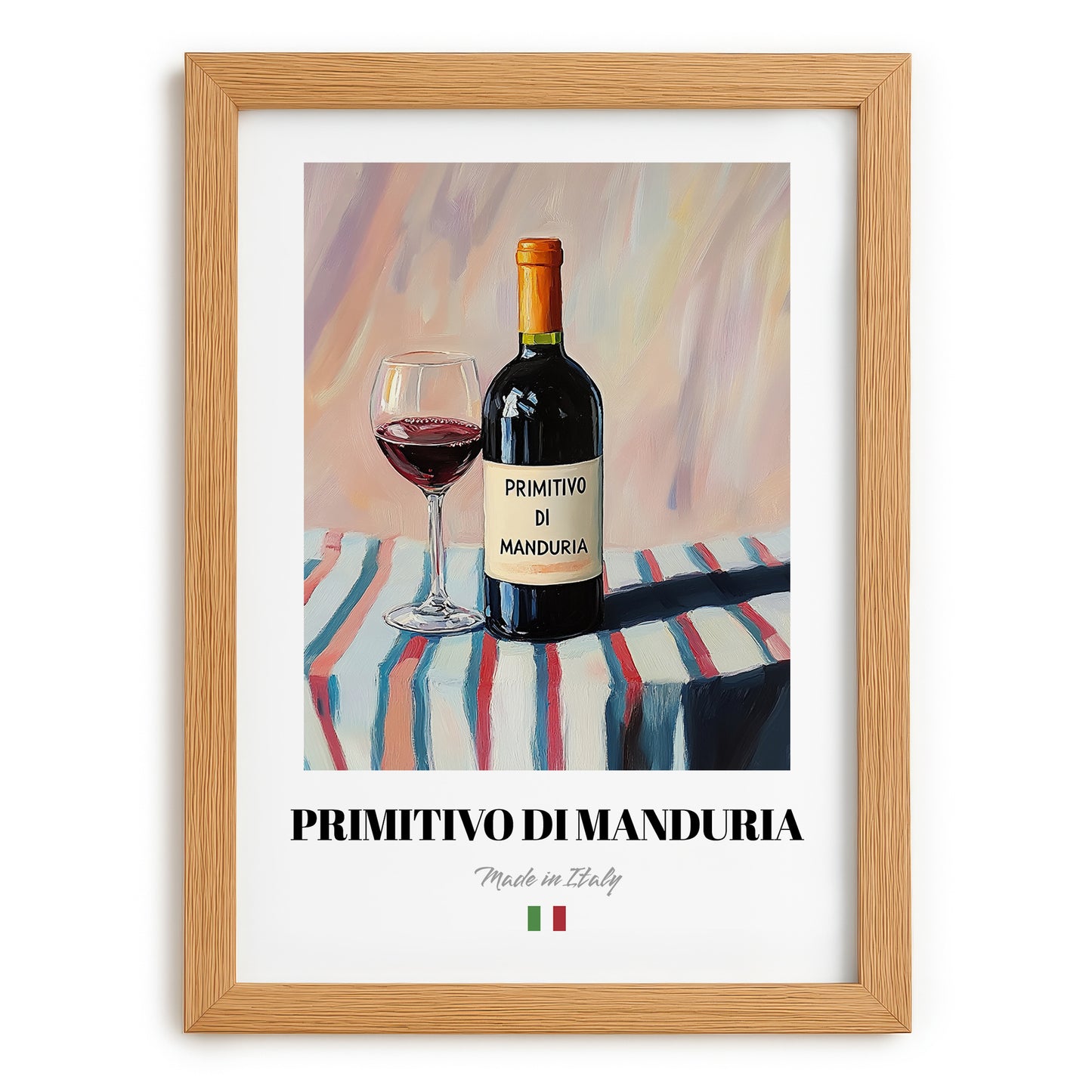 Primitivo di Manduria – Italian Red Wine, Wine Bar Poster, set in oak frame