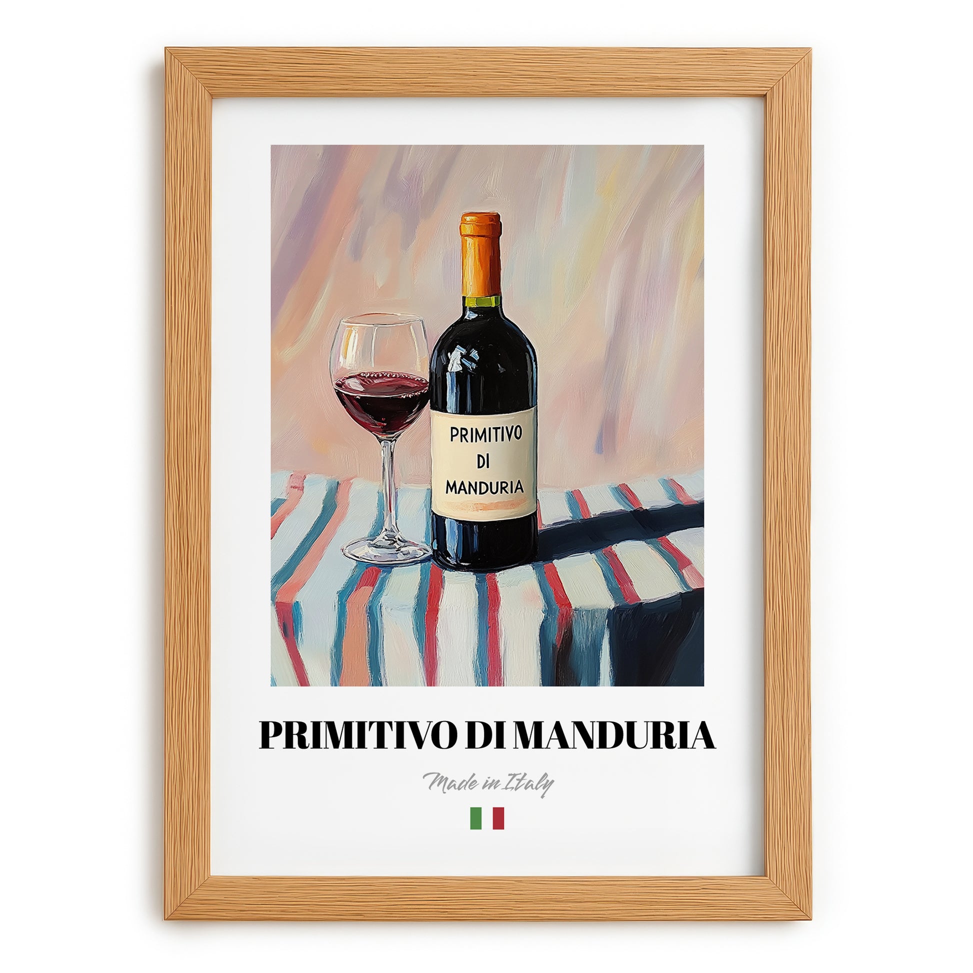 Primitivo di Manduria – Italian Red Wine, Wine Bar Poster, set in oak frame