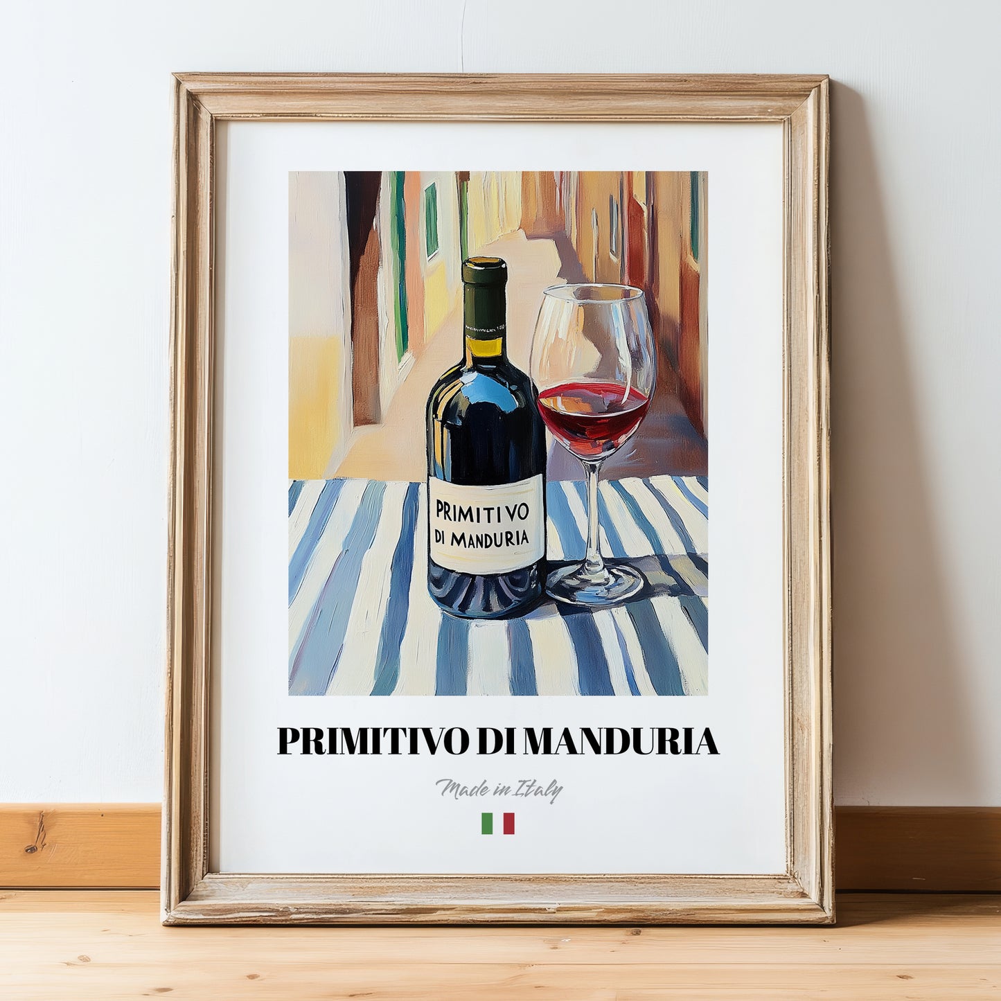 Primitivo di Manduria – Italian Red Wine, Enoteca Wall Art, in wooden frame leaning on the floor