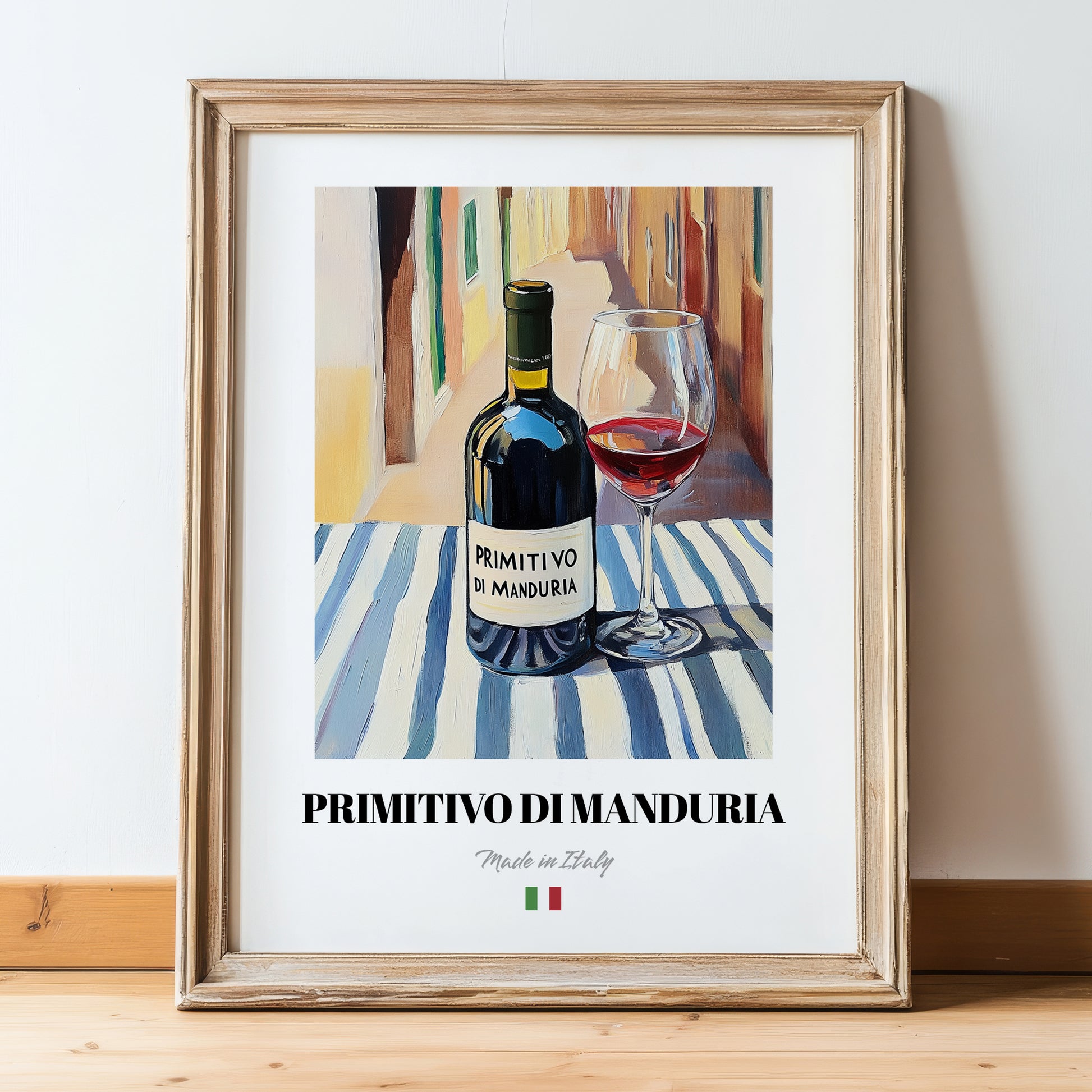 Primitivo di Manduria – Italian Red Wine, Enoteca Wall Art, in wooden frame leaning on the floor