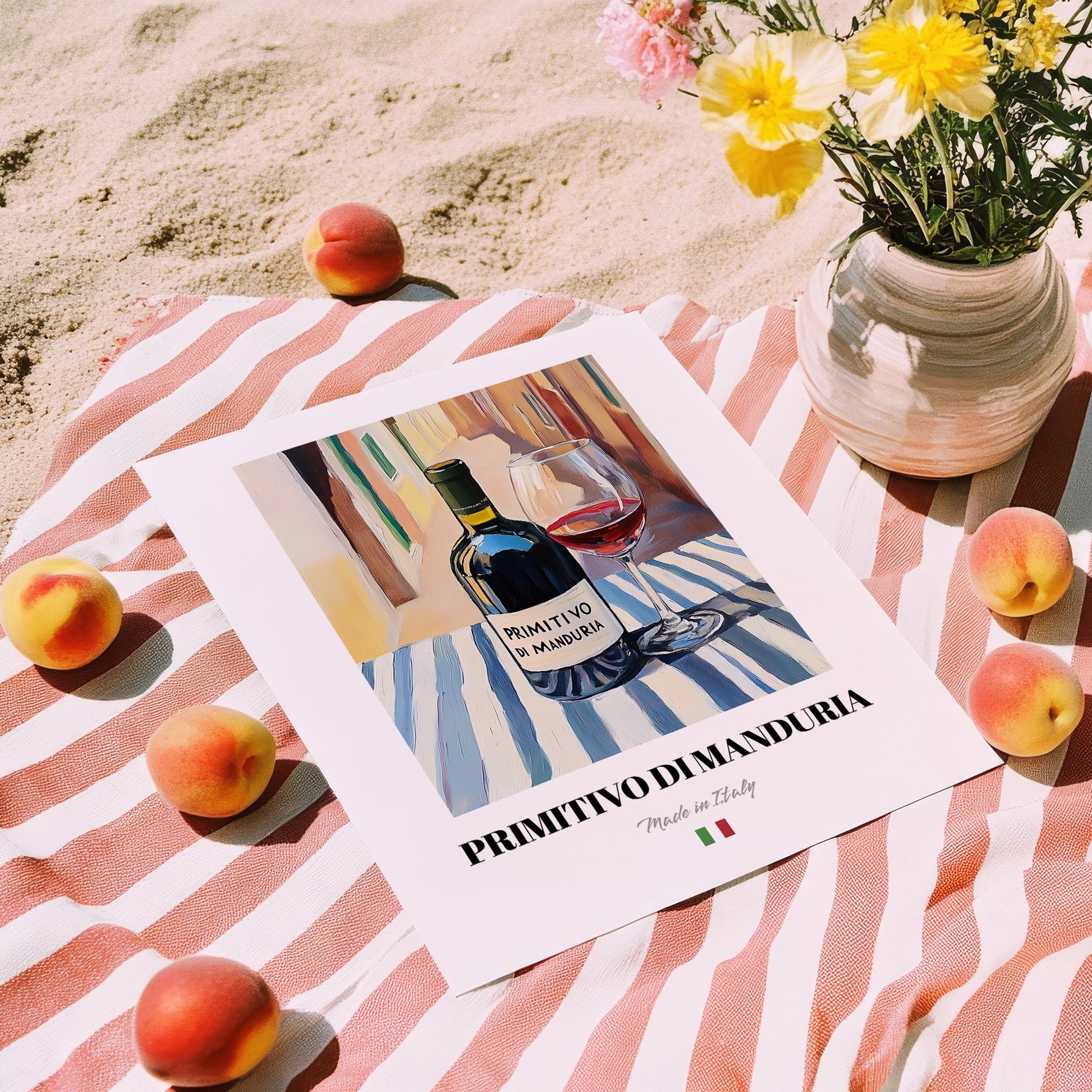 Primitivo di Manduria – Italian Red Wine, Enoteca Wall Art, unframed on coastal sand