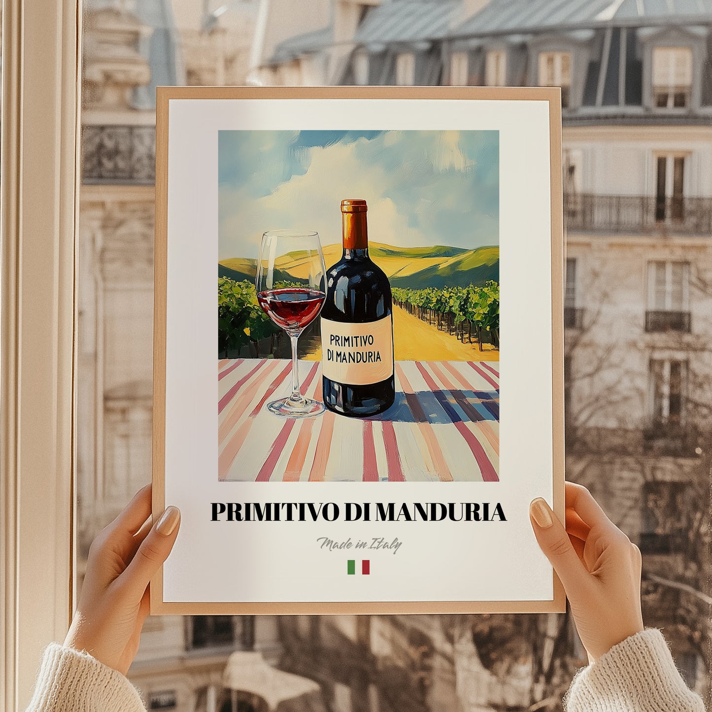 Primitivo di Manduria – Italian Red Wine, Wine Bar Wall Decor, styled in a charming Paris street view