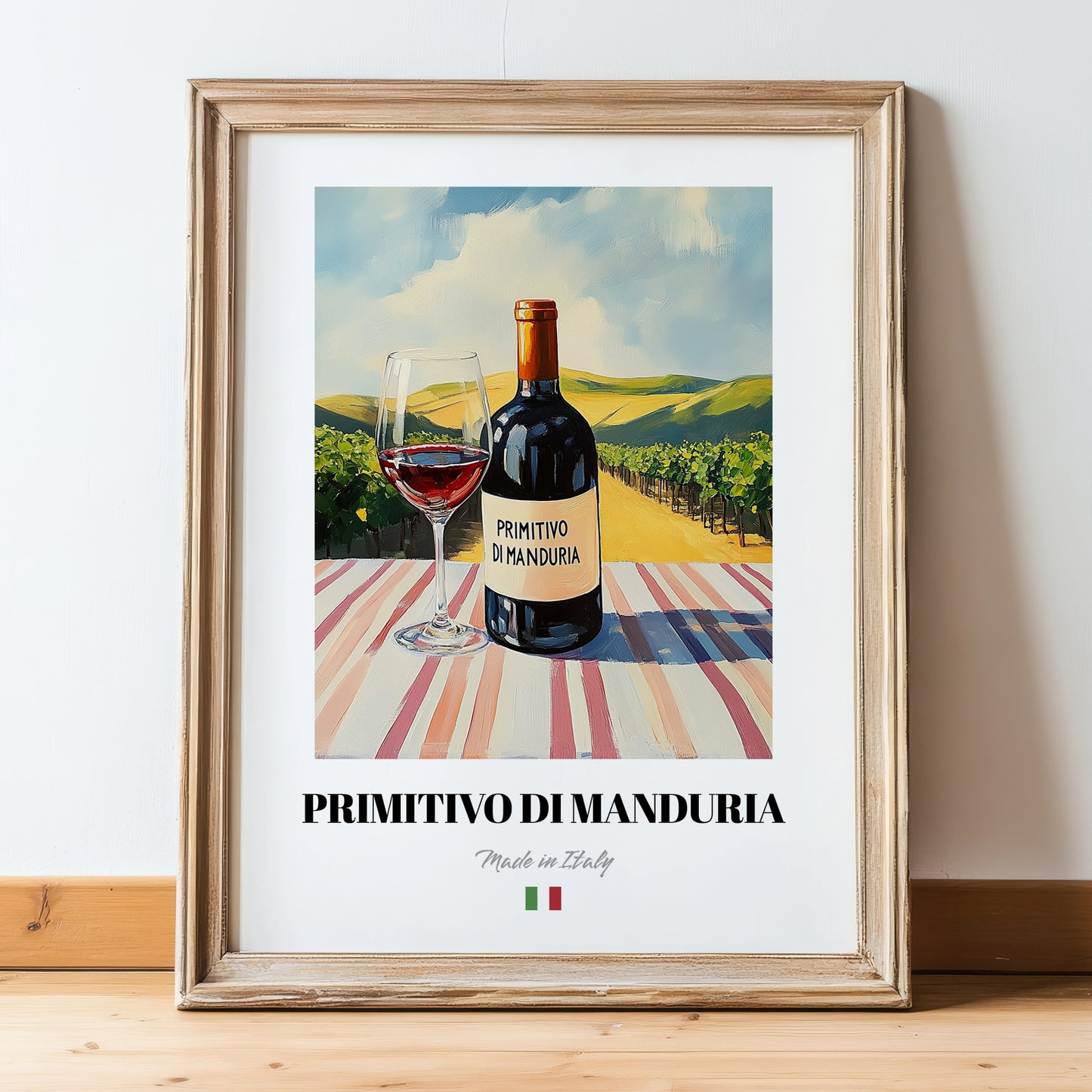 Primitivo di Manduria – Italian Red Wine, Wine Bar Wall Decor, in wooden frame leaning on the floor