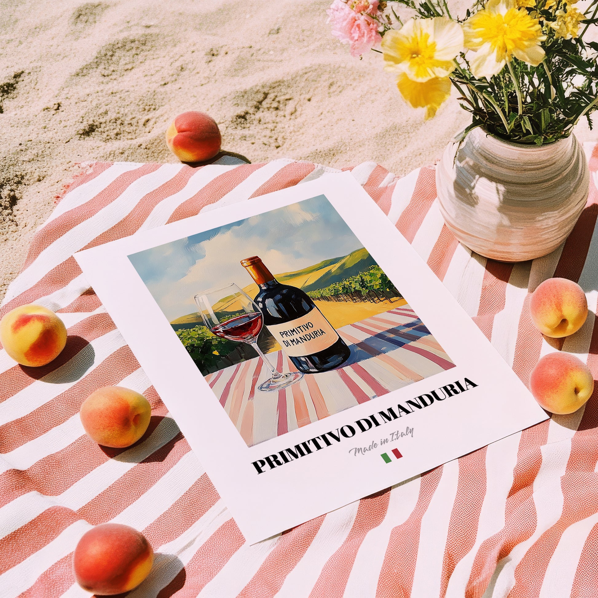 Primitivo di Manduria – Italian Red Wine, Wine Bar Wall Decor, unframed on coastal sand