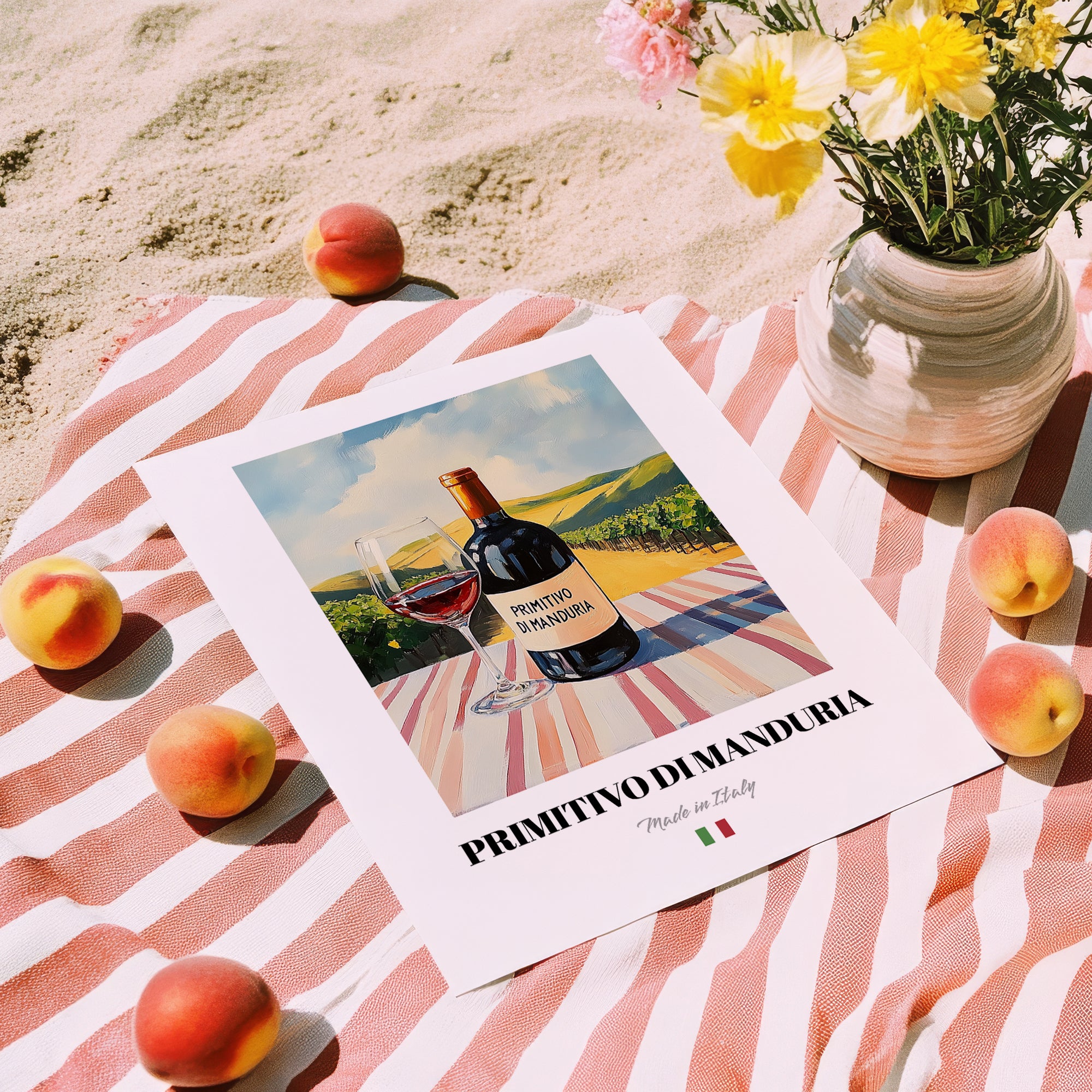 Primitivo di Manduria – Italian Red Wine, Wine Bar Wall Decor, unframed on coastal sand