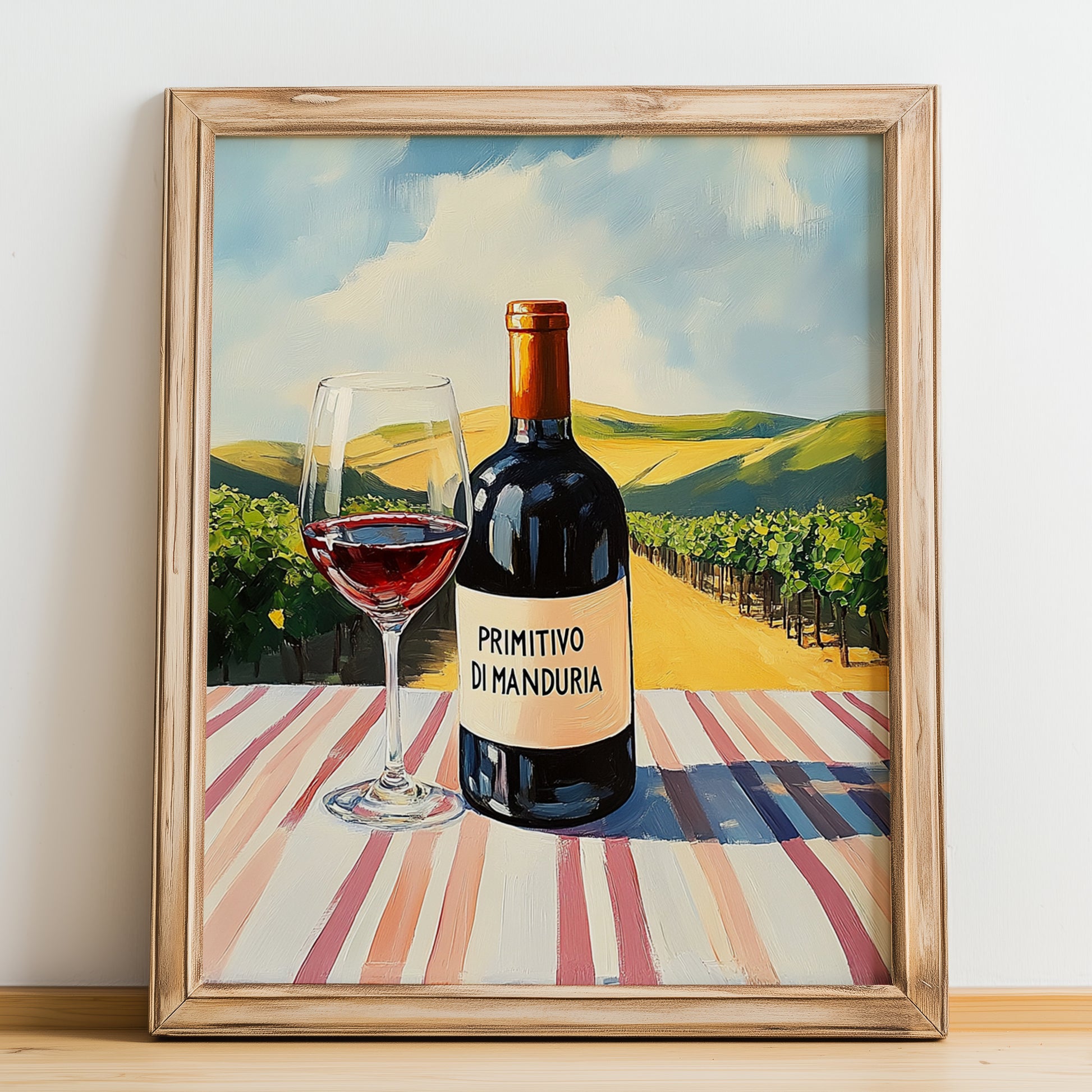 Primitivo di Manduria – Italian Red Wine, Wine Bar Wall Decor, no-text version framed in wood