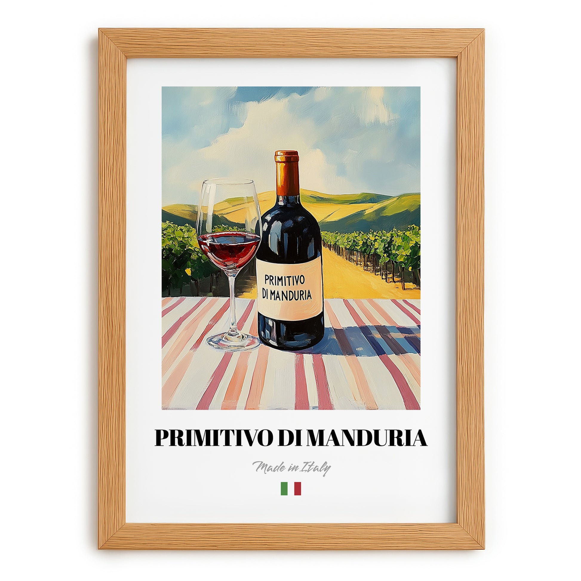 Primitivo di Manduria – Italian Red Wine, Wine Bar Wall Decor, set in oak frame