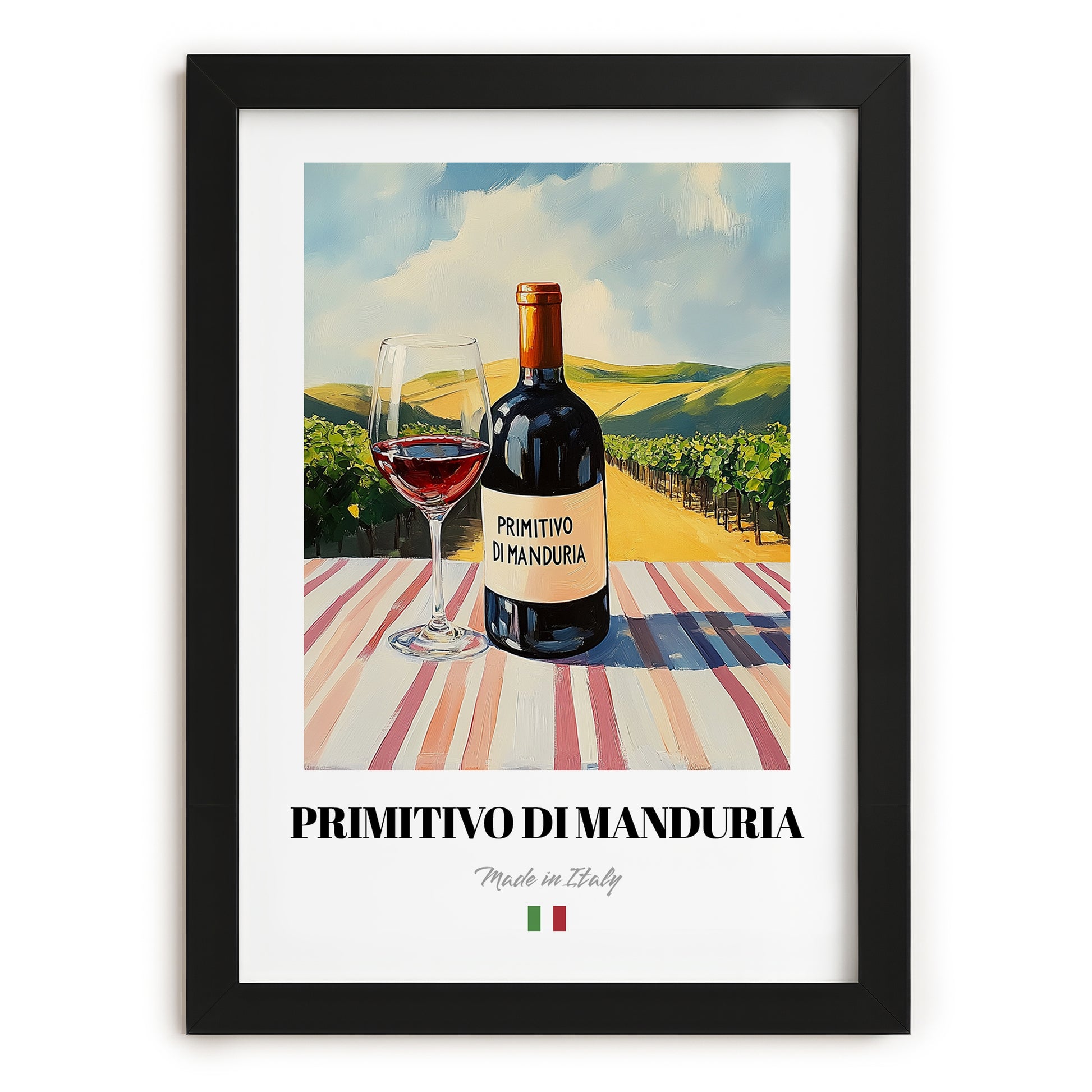 Primitivo di Manduria – Italian Red Wine, Wine Bar Wall Decor, in sleek black frame