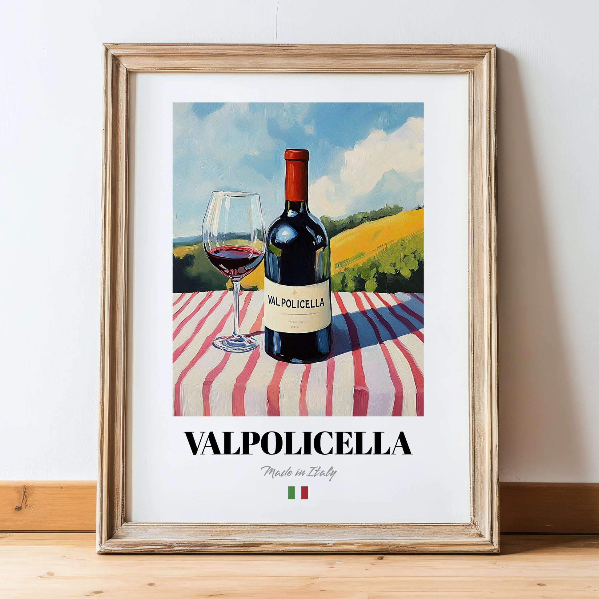 Valpolicella – Italian Red Wine, Wine Bar Still Life, in wooden frame leaning on the floor