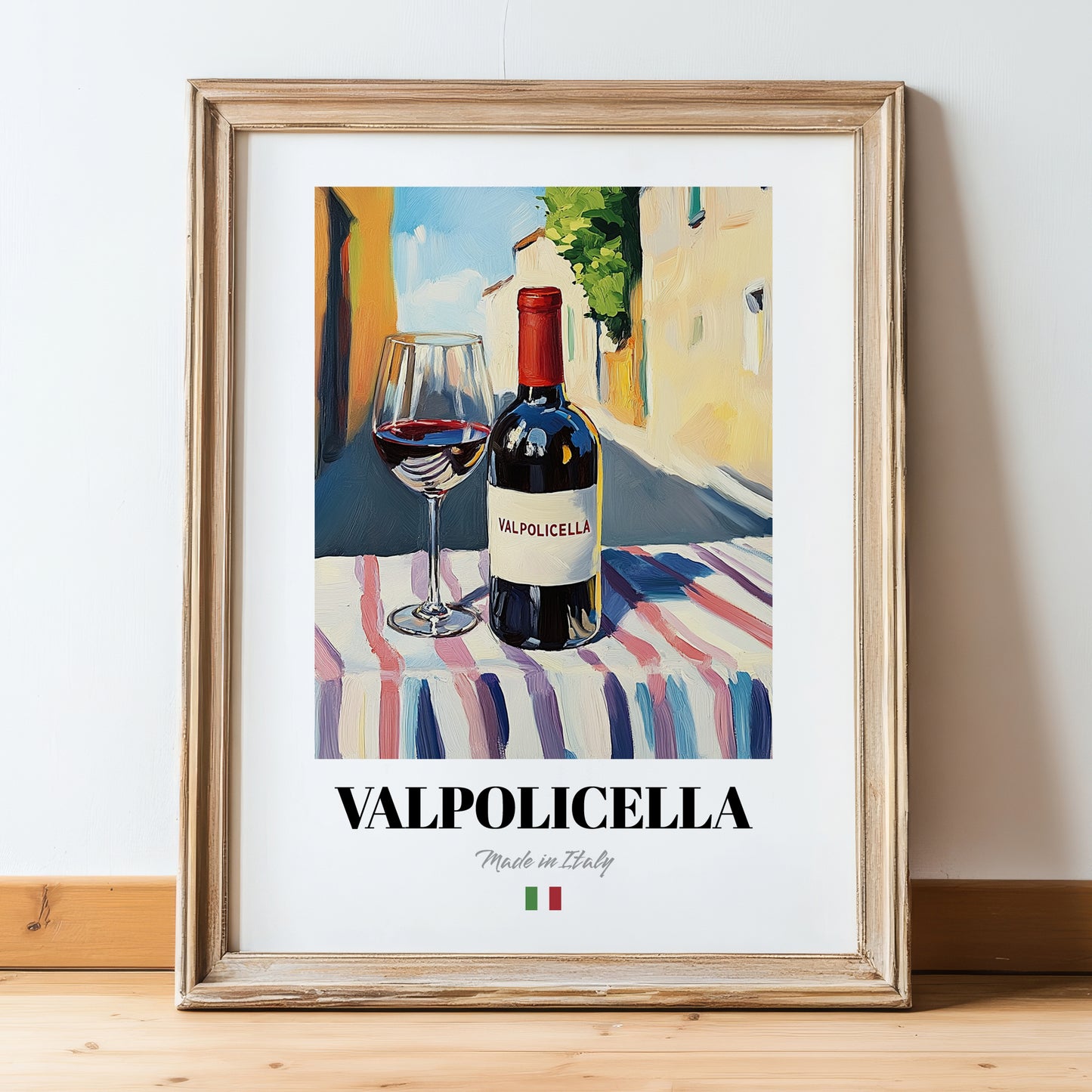 Valpolicella – Italian Red Wine, Tasting Room Poster, in wooden frame leaning on the floor