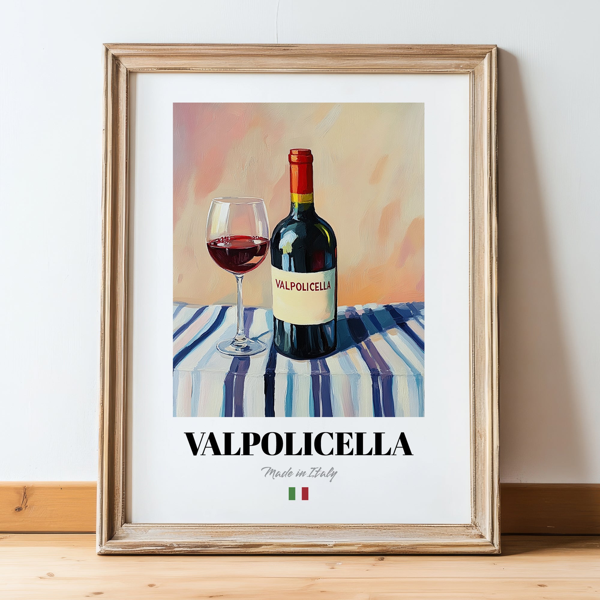Valpolicella – Italian Red Wine, Bodega Print, in wooden frame leaning on the floor
