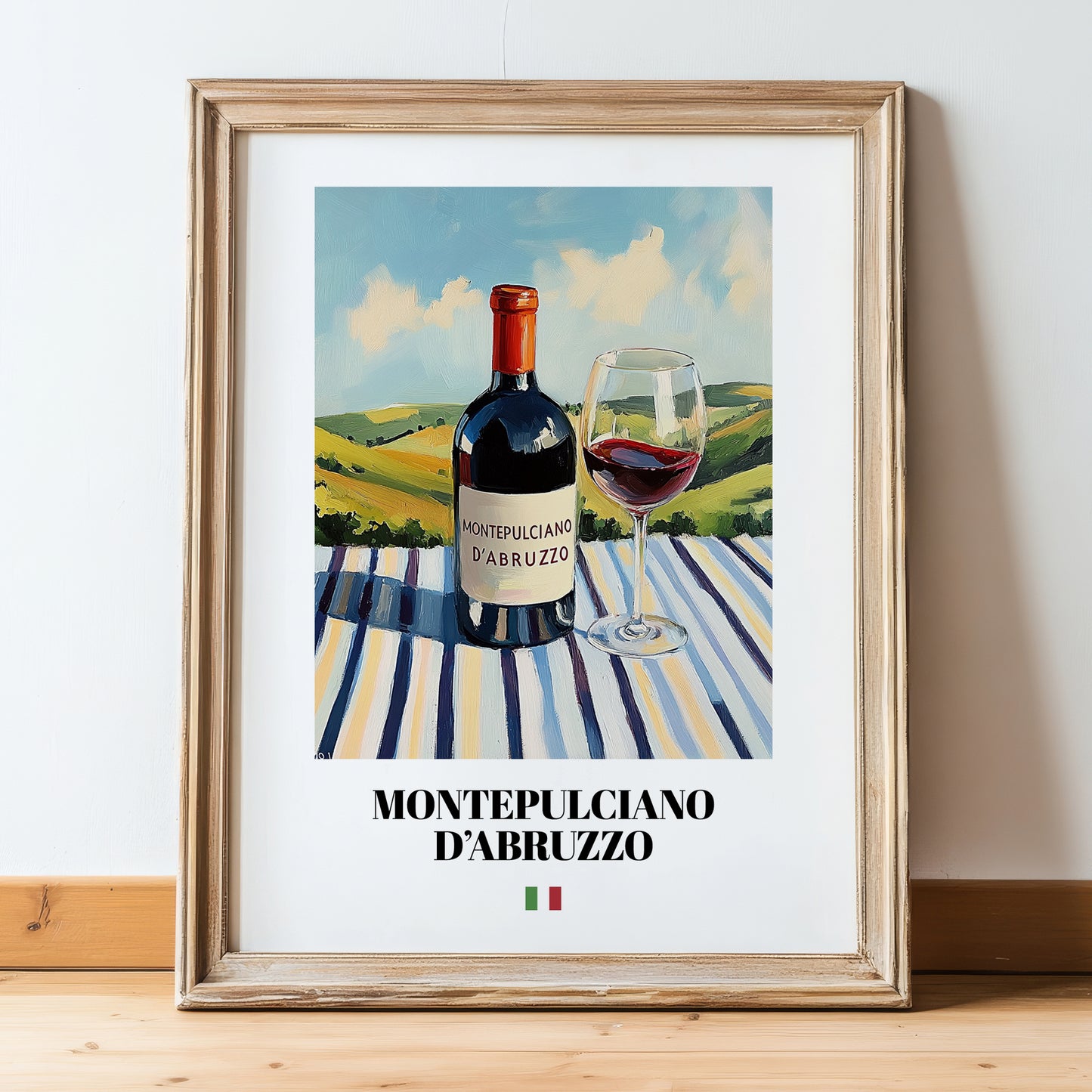 Montepulciano d'Abruzzo – Italian Red Wine, Wine Bar Wall Decor, in wooden frame leaning on the floor
