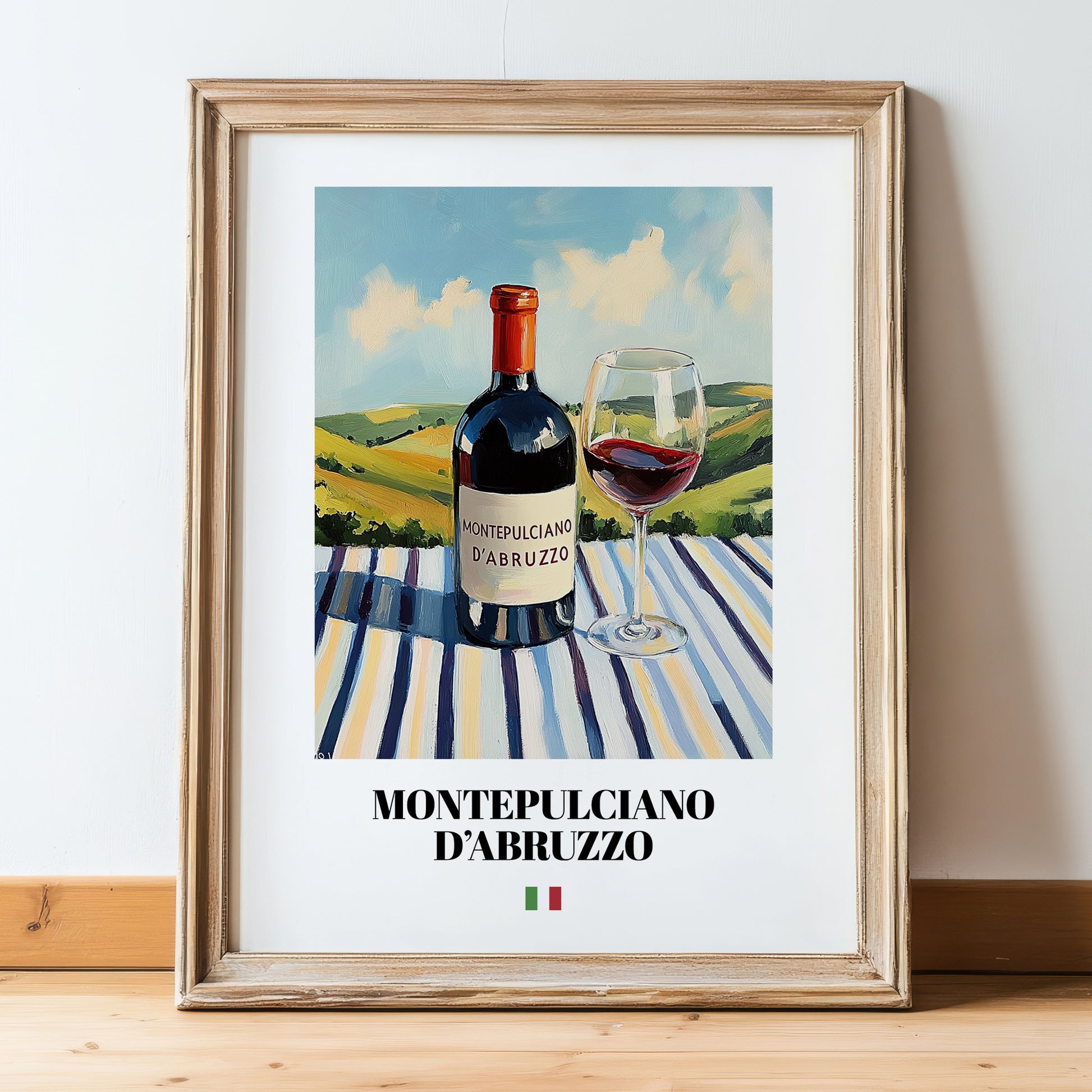 Montepulciano d'Abruzzo – Italian Red Wine, Wine Bar Wall Decor, in wooden frame leaning on the floor