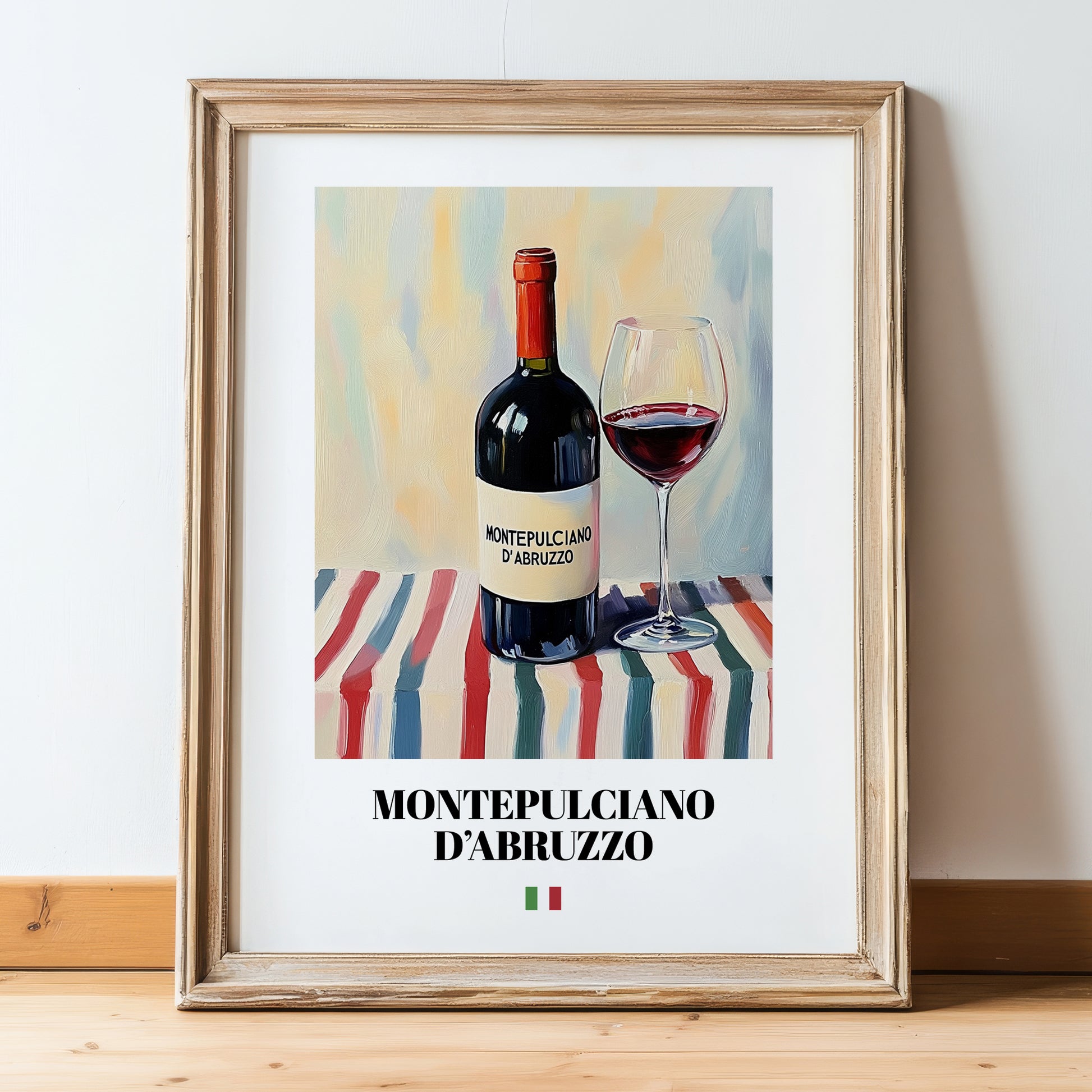 Montepulciano d'Abruzzo – Italian Red Wine, Bodega Poster, in wooden frame leaning on the floor