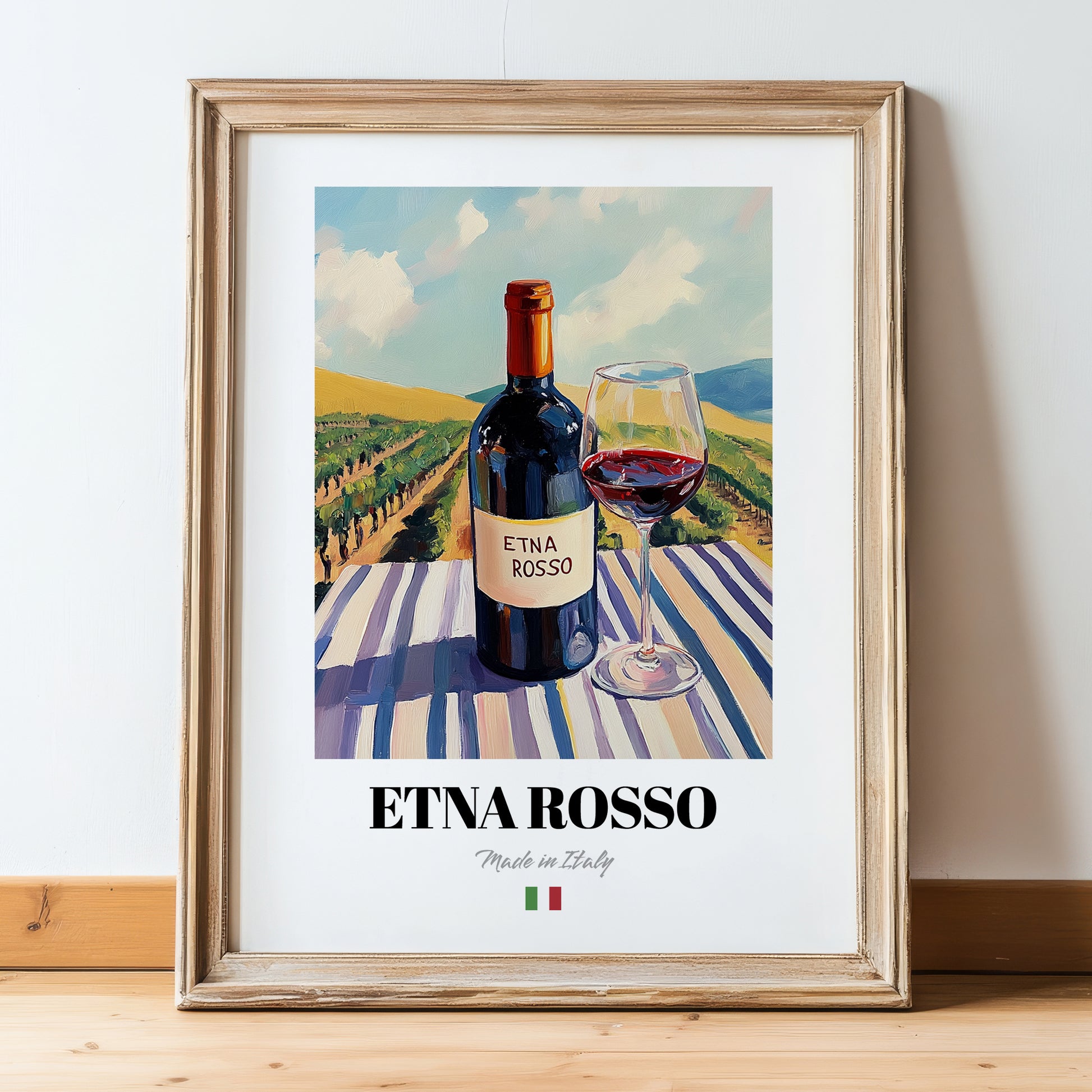 Etna Rosso – Italian Red Wine, Vinoteca Painting, in wooden frame leaning on the floor