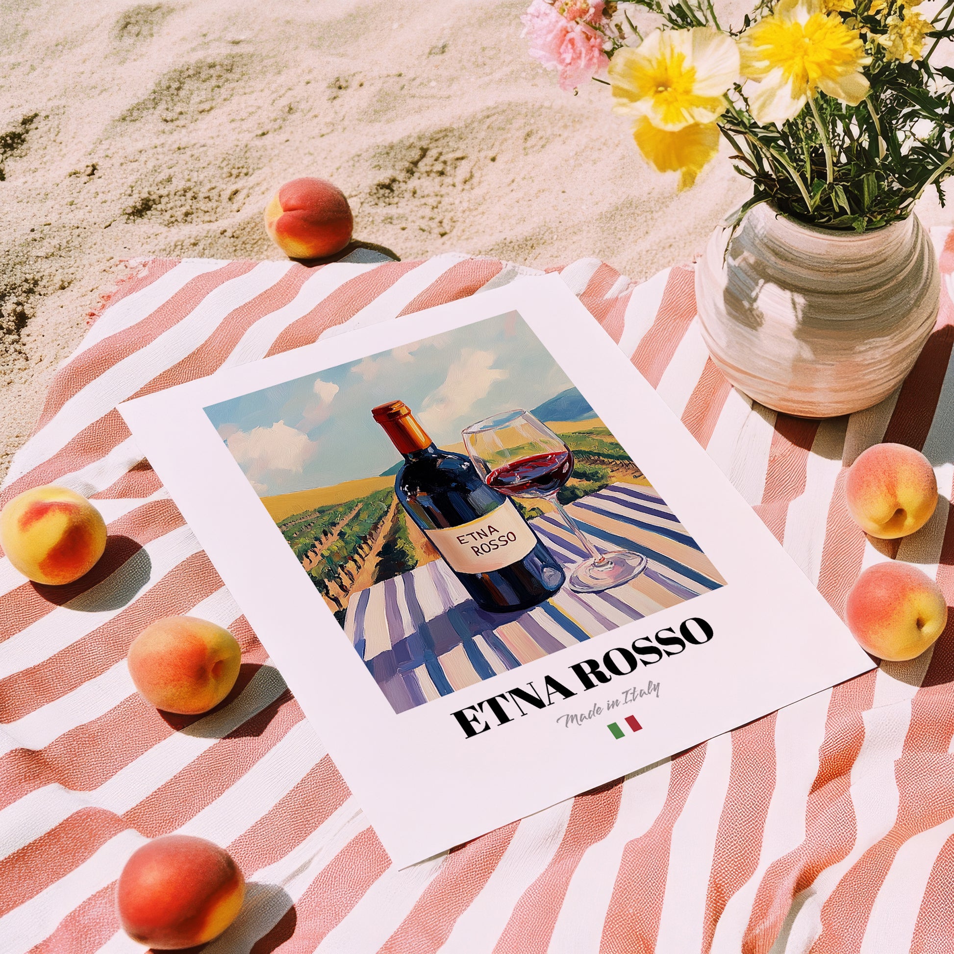 Etna Rosso – Italian Red Wine, Vinoteca Painting, unframed on coastal sand