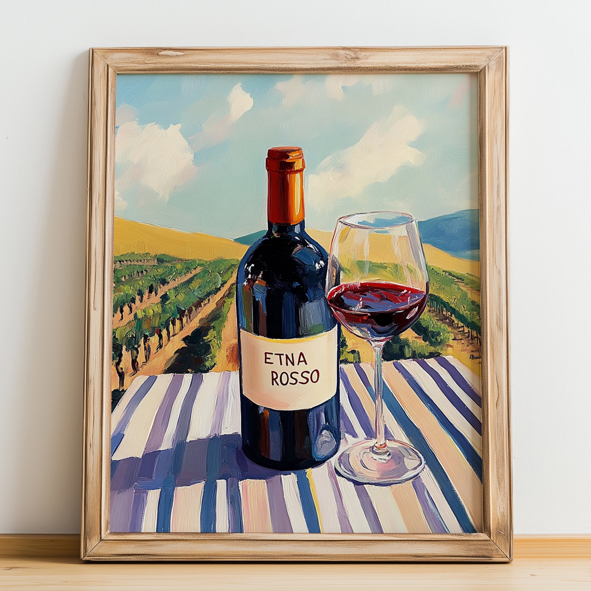 Etna Rosso – Italian Red Wine, Vinoteca Painting, no-text version framed in wood
