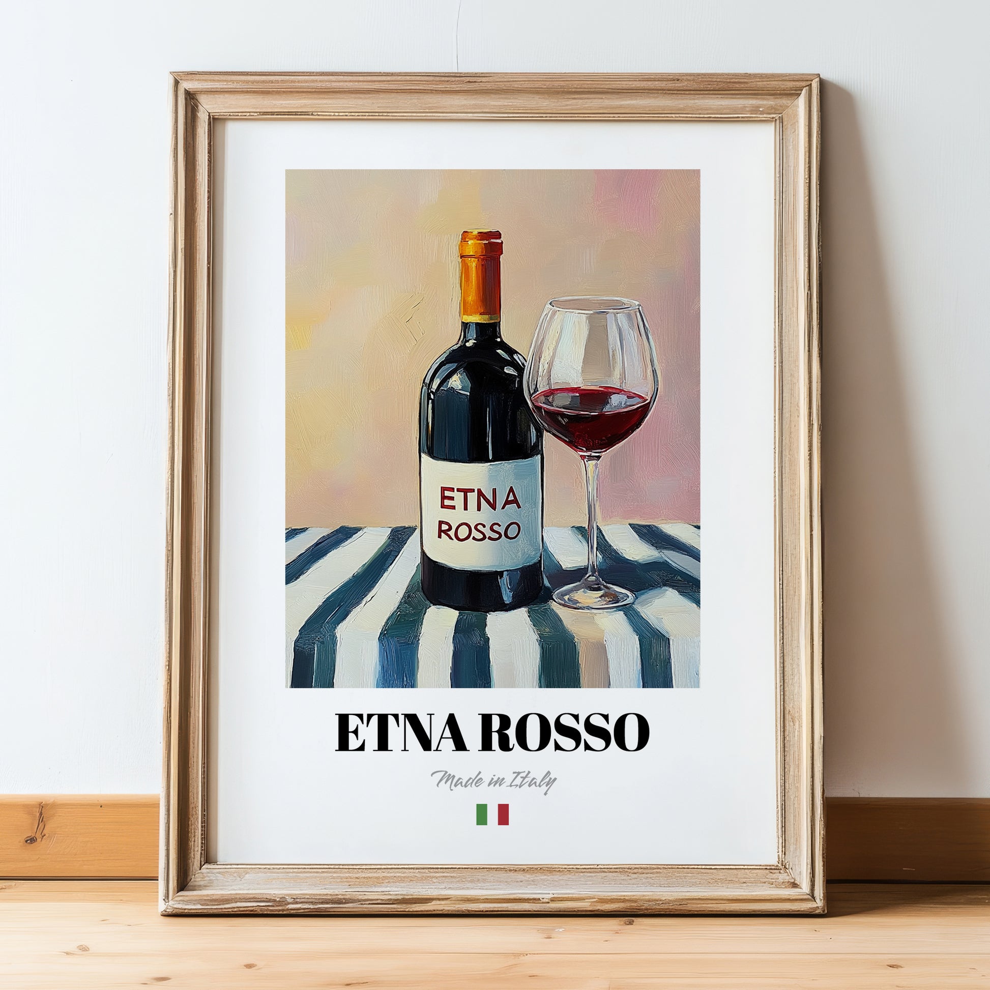 Etna Rosso – Italian Red Wine, Tasting Room Painting, in wooden frame leaning on the floor