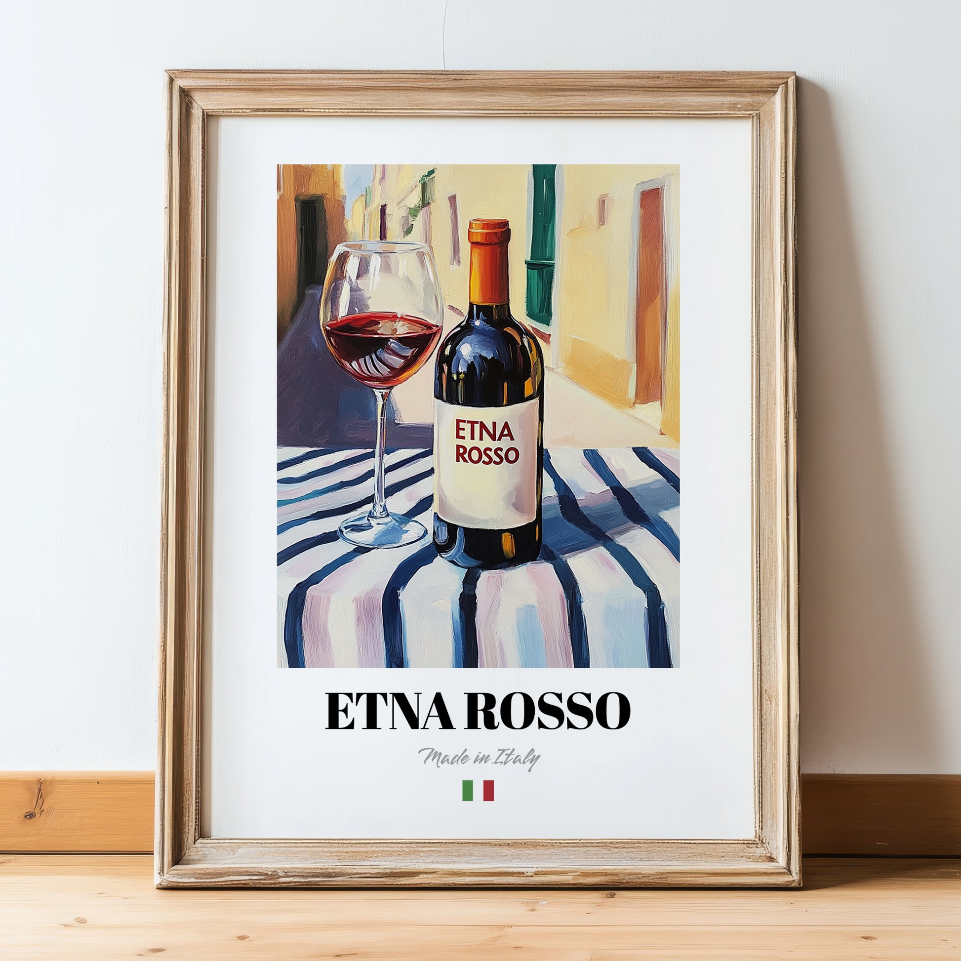 Etna Rosso – Italian Red Wine, Enoteca Illustration, in wooden frame leaning on the floor