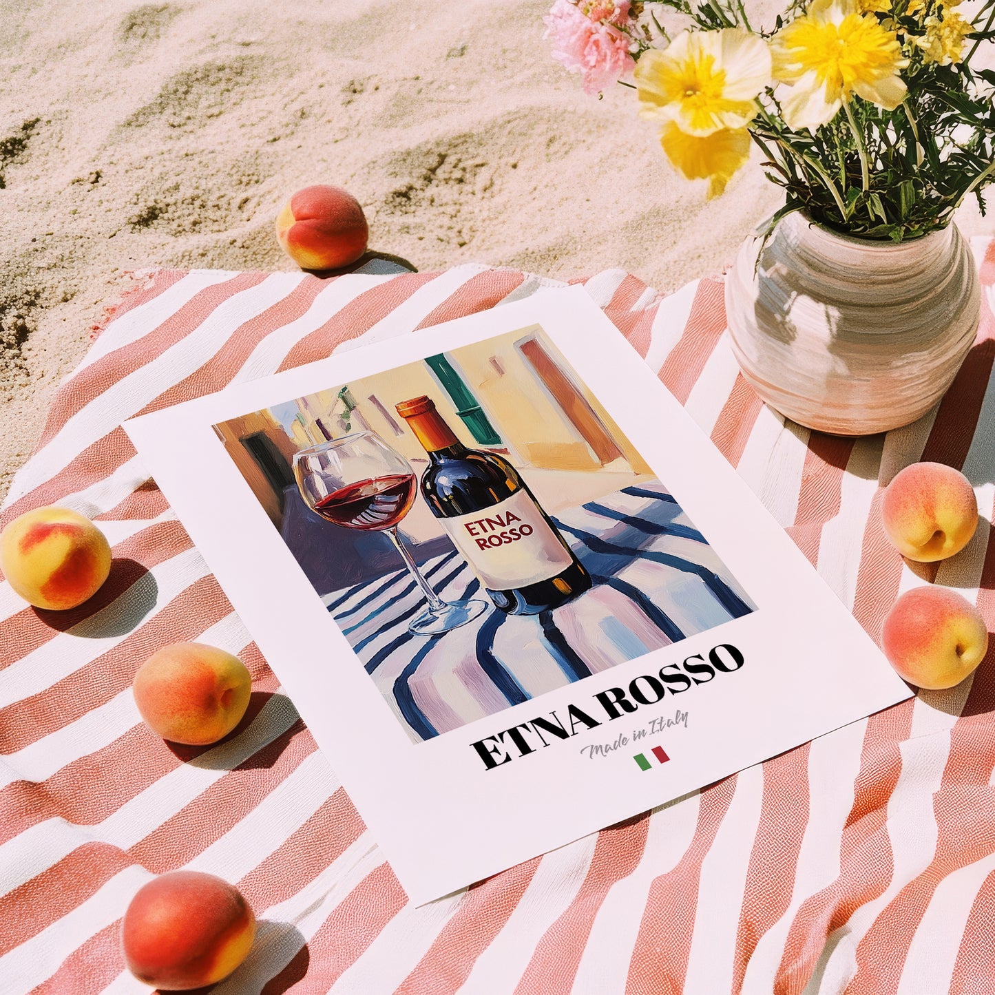 Etna Rosso – Italian Red Wine, Enoteca Illustration, unframed on coastal sand