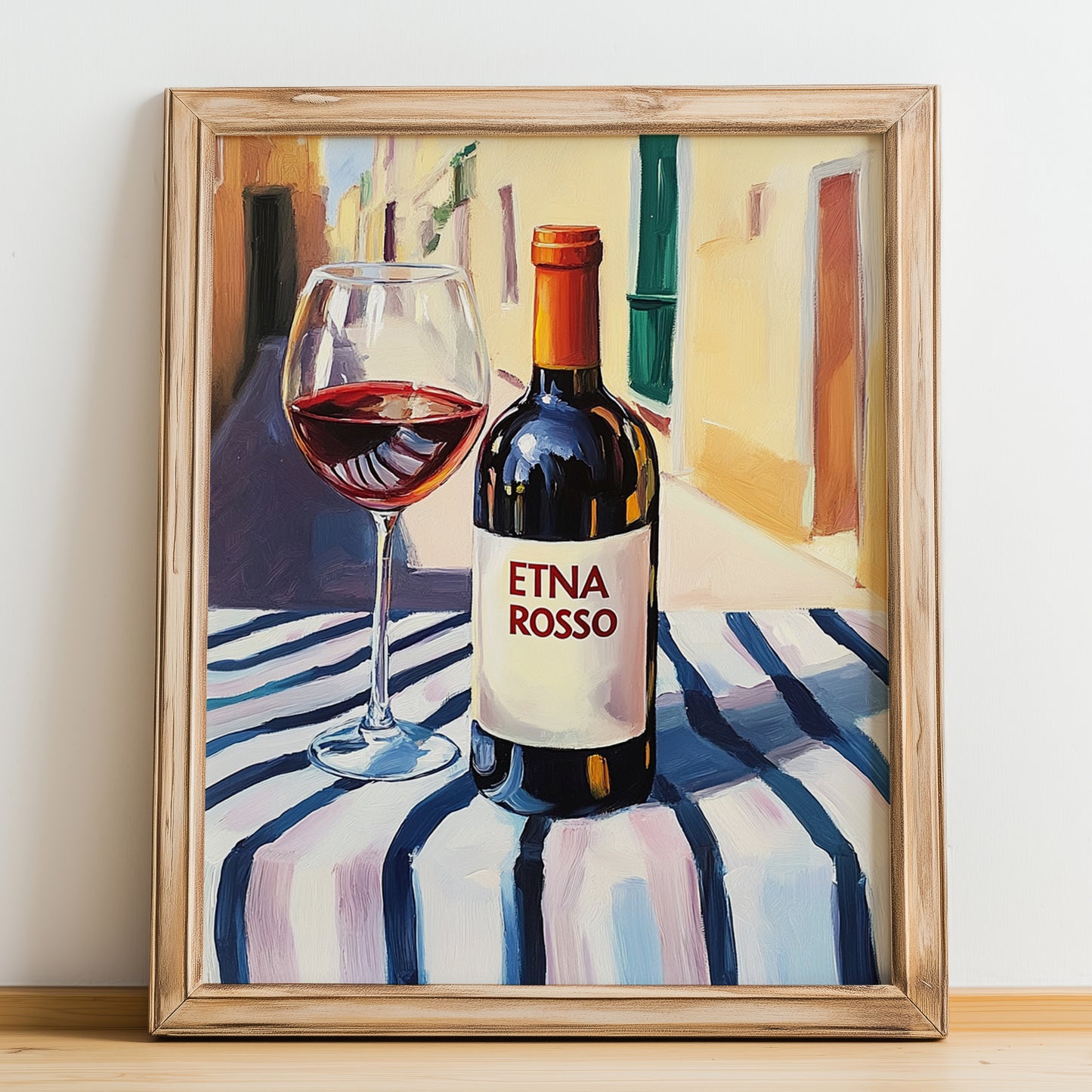 Etna Rosso – Italian Red Wine, Enoteca Illustration, no-text version framed in wood