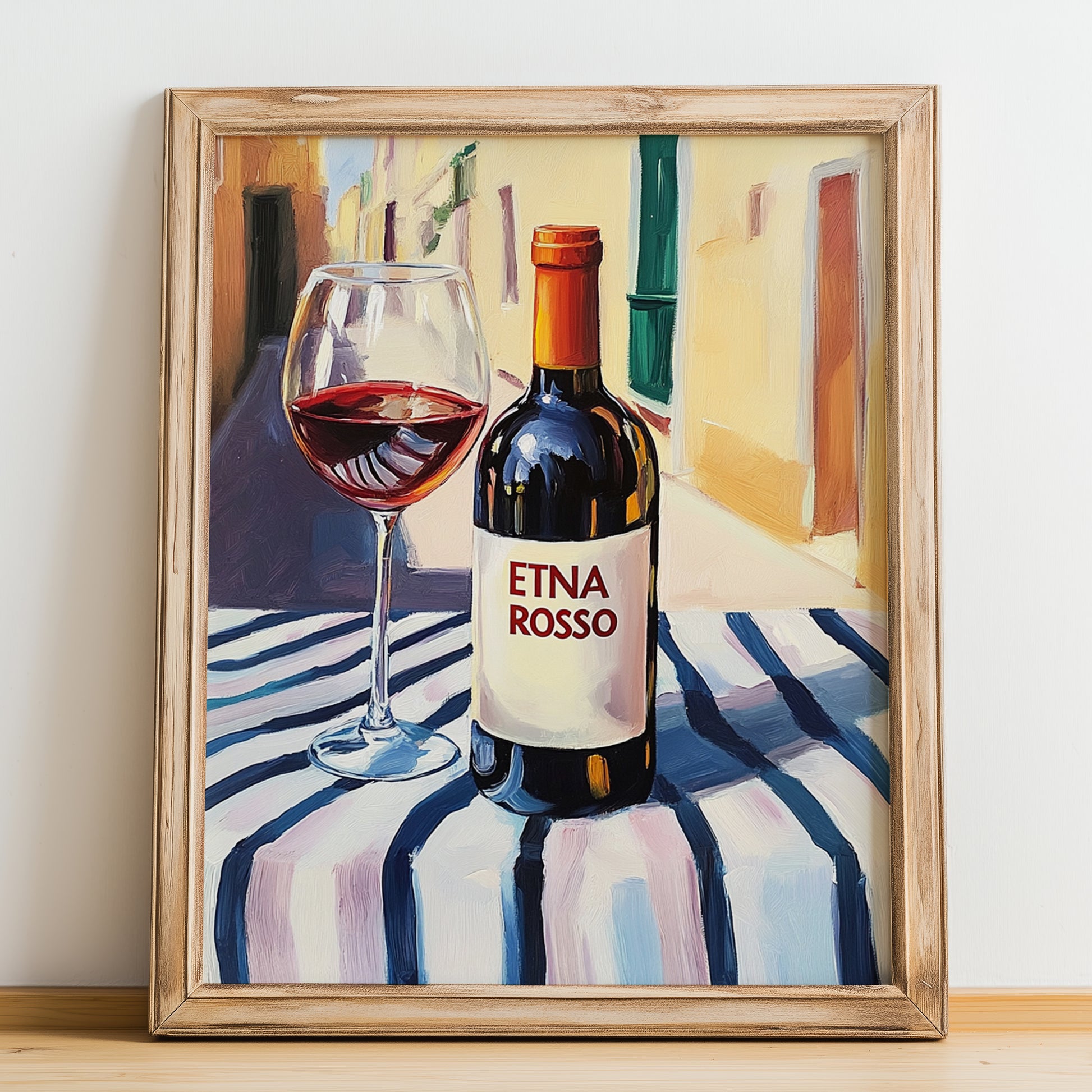 Etna Rosso – Italian Red Wine, Enoteca Illustration, no-text version framed in wood