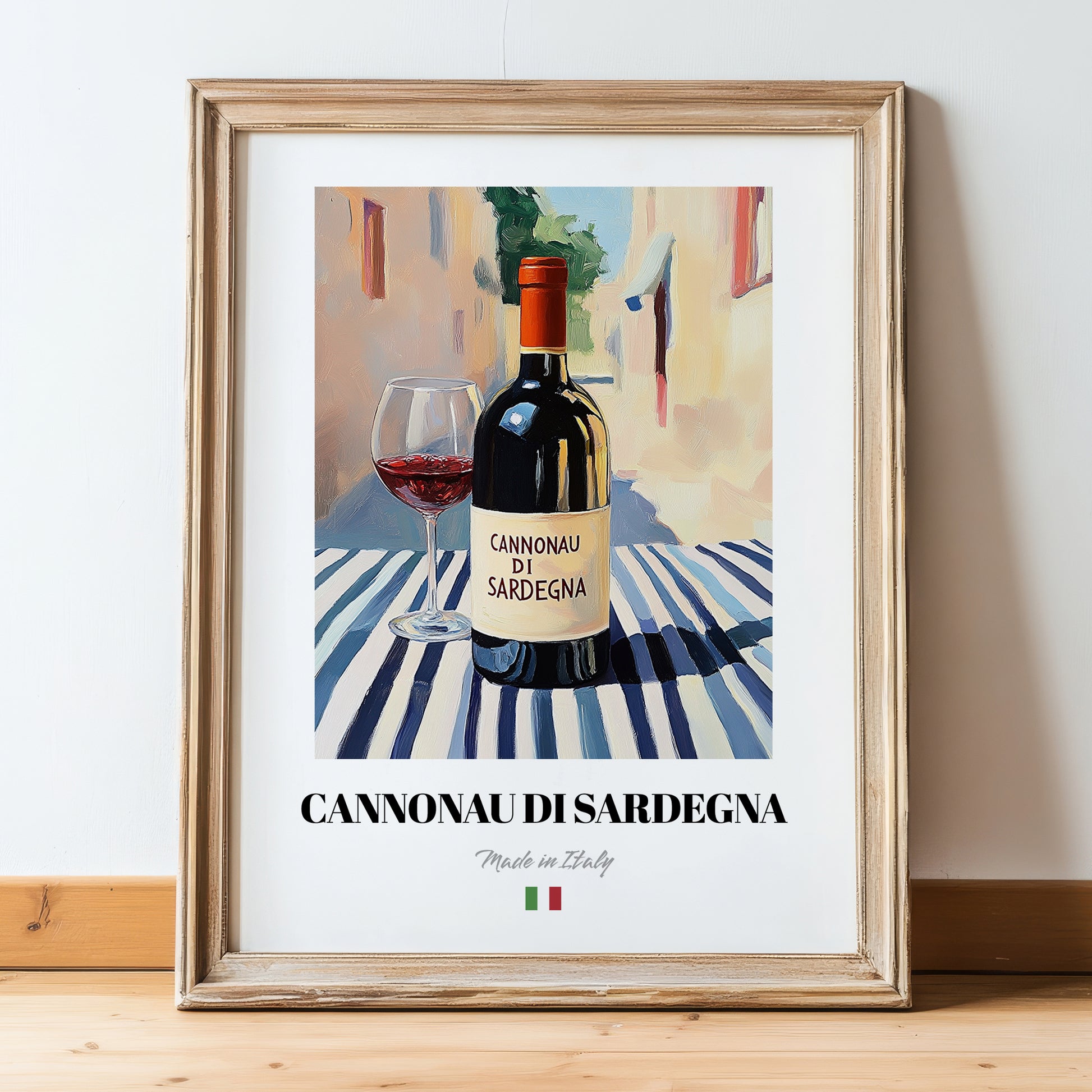Cannonau di Sardegna – Italian Red Wine, Wine Bar Poster, in wooden frame leaning on the floor