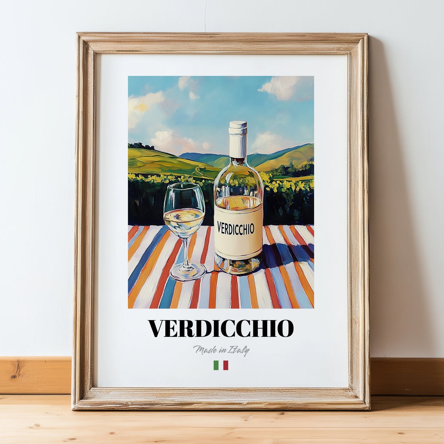 Verdicchio – Italian White Wine, Bodega Poster, in wooden frame leaning on the floor