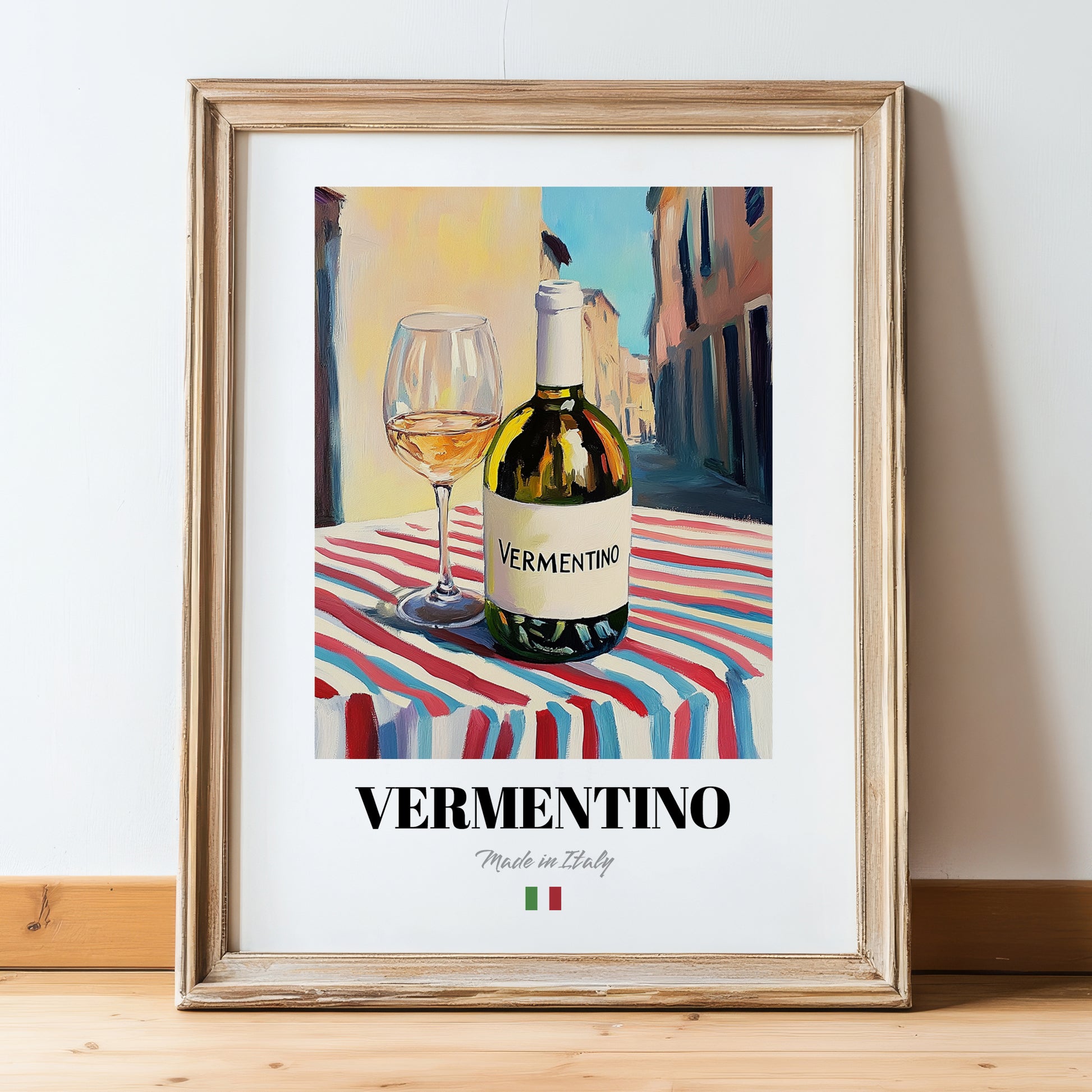 Vermentino – Italian White Wine, Vinoteca Print, in wooden frame leaning on the floor