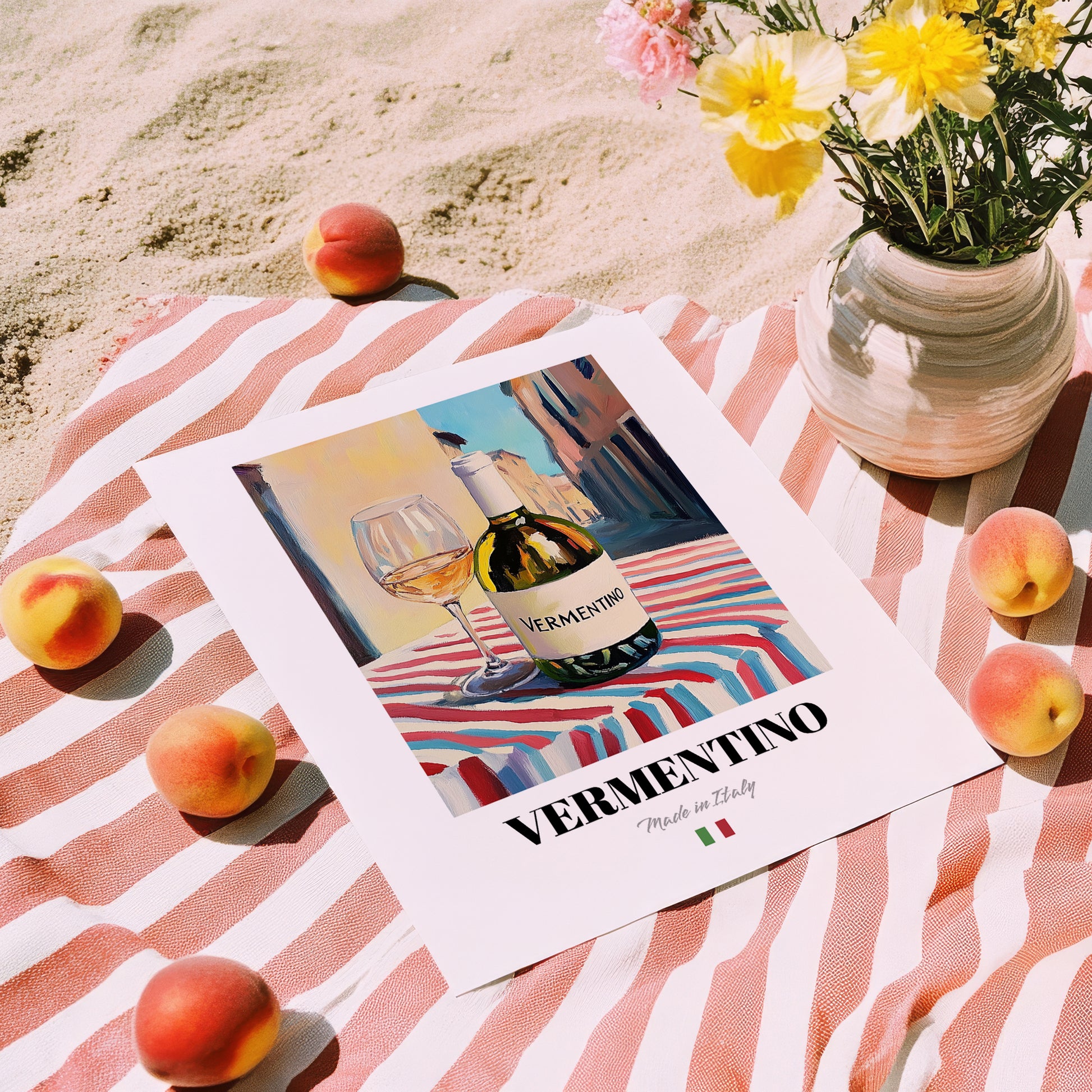 Vermentino – Italian White Wine, Vinoteca Print, unframed on coastal sand