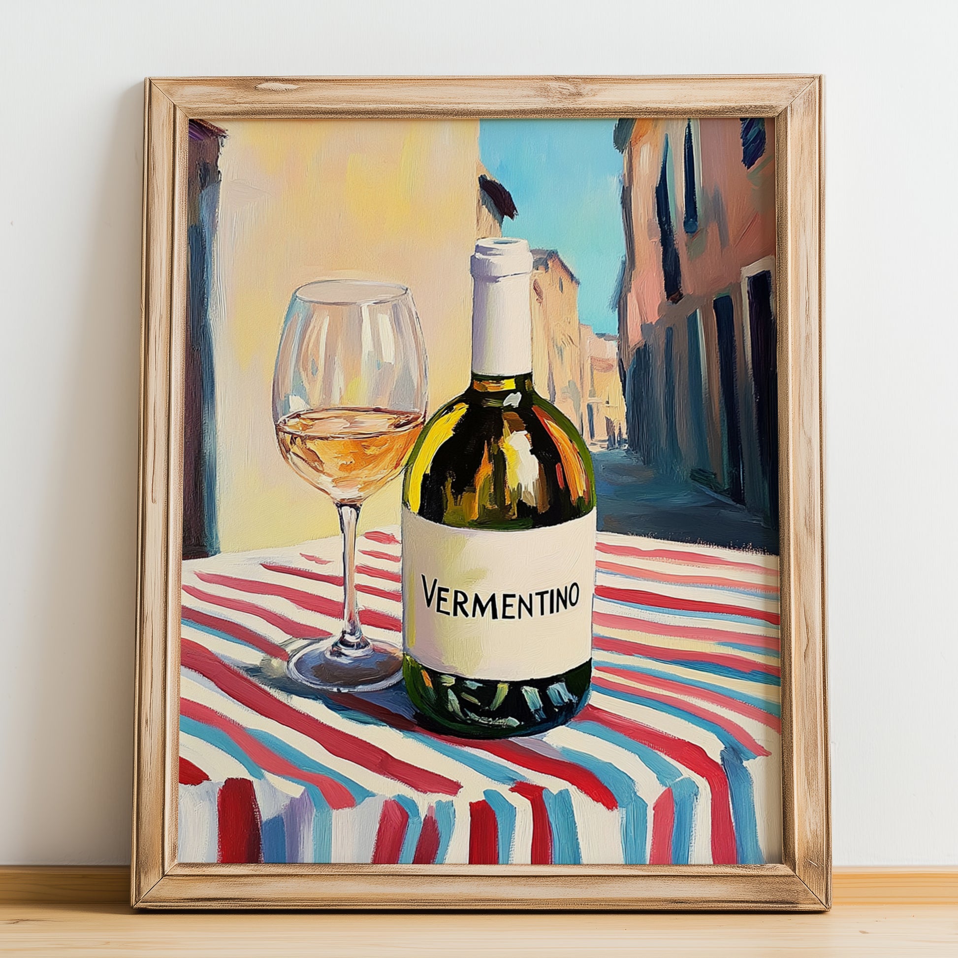Vermentino – Italian White Wine, Vinoteca Print, no-text version framed in wood