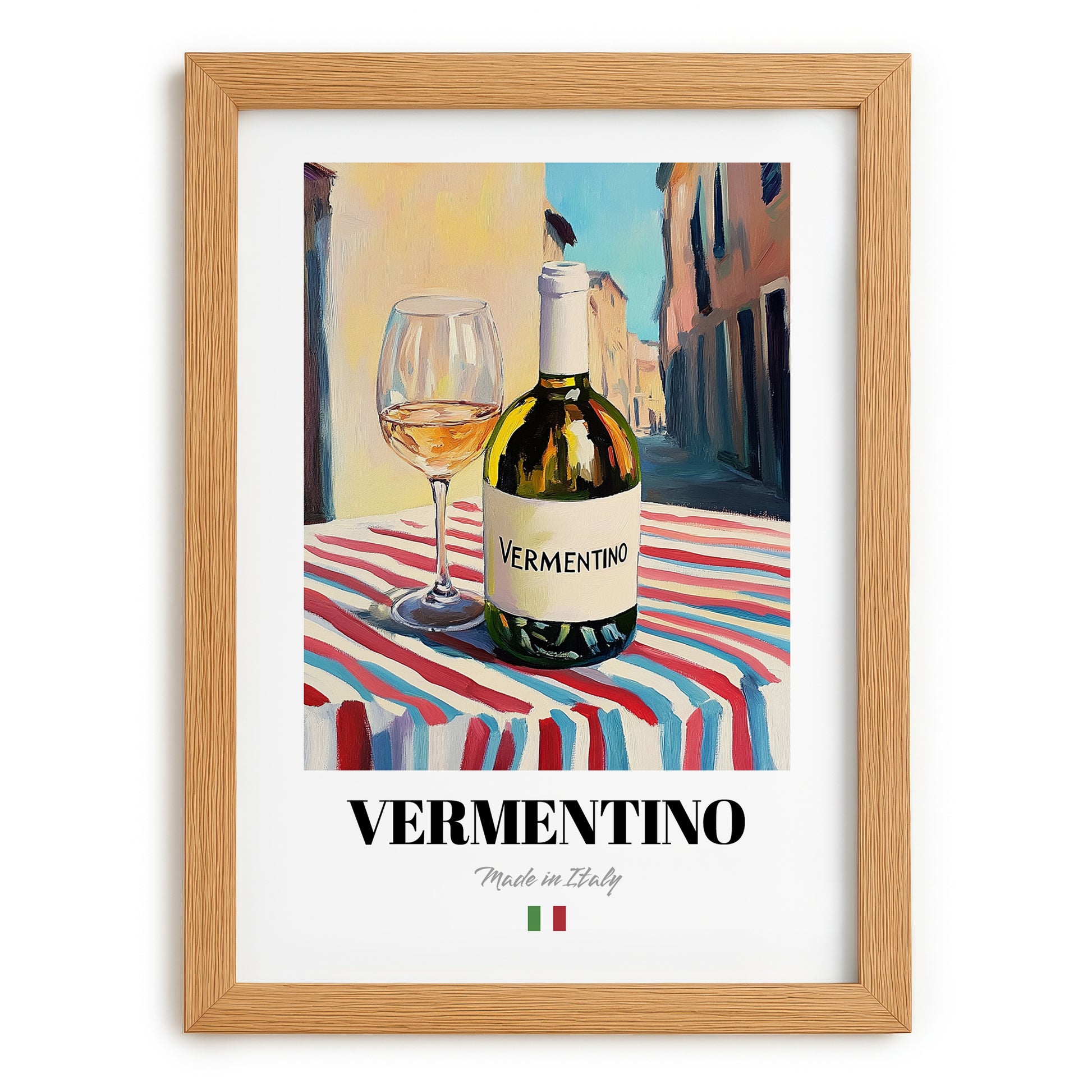 Vermentino – Italian White Wine, Vinoteca Print, set in oak frame