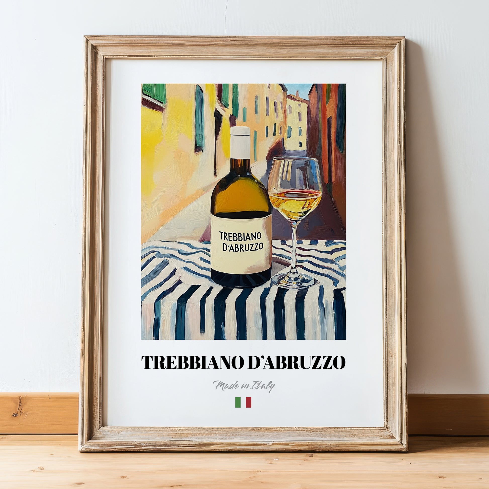 Trebbiano d'Abruzzo – Italian White Wine, Wine Bar Poster, in wooden frame leaning on the floor