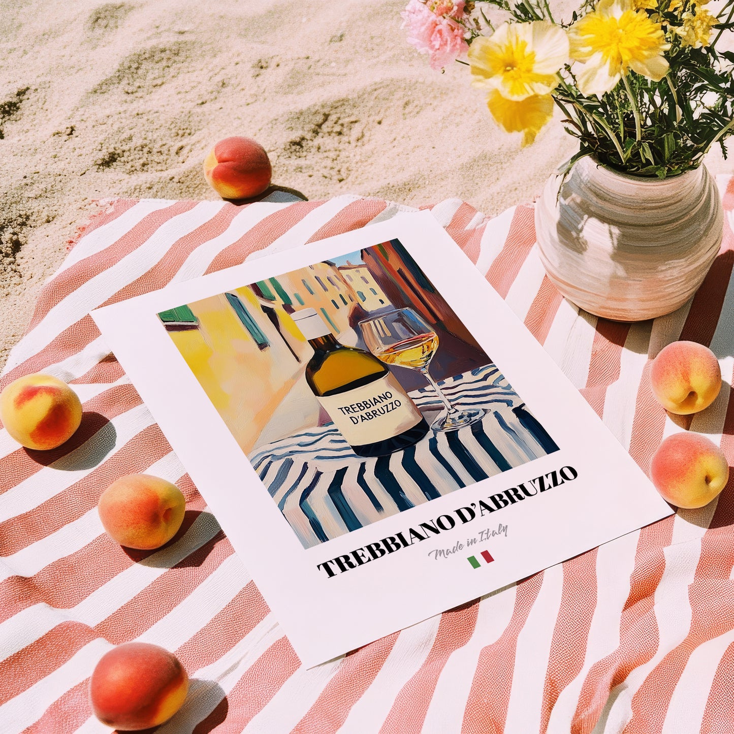 Trebbiano d'Abruzzo – Italian White Wine, Wine Bar Poster, unframed on coastal sand