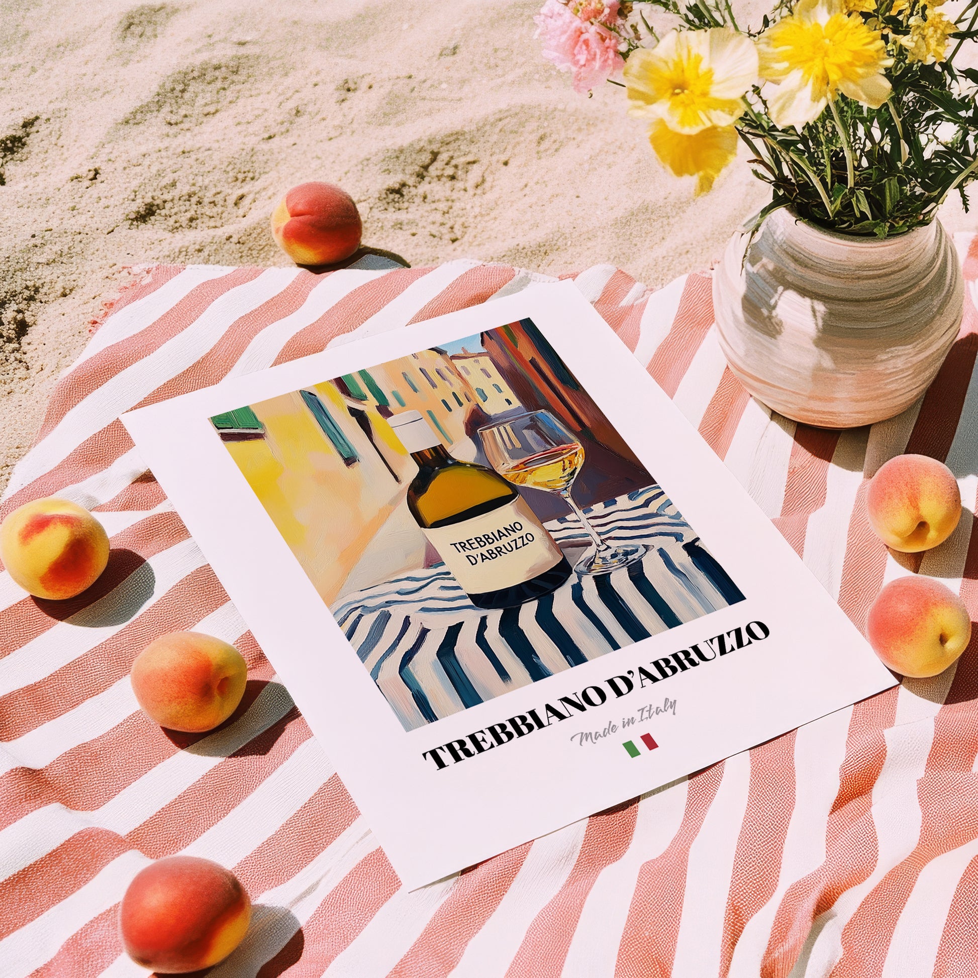Trebbiano d'Abruzzo – Italian White Wine, Wine Bar Poster, unframed on coastal sand