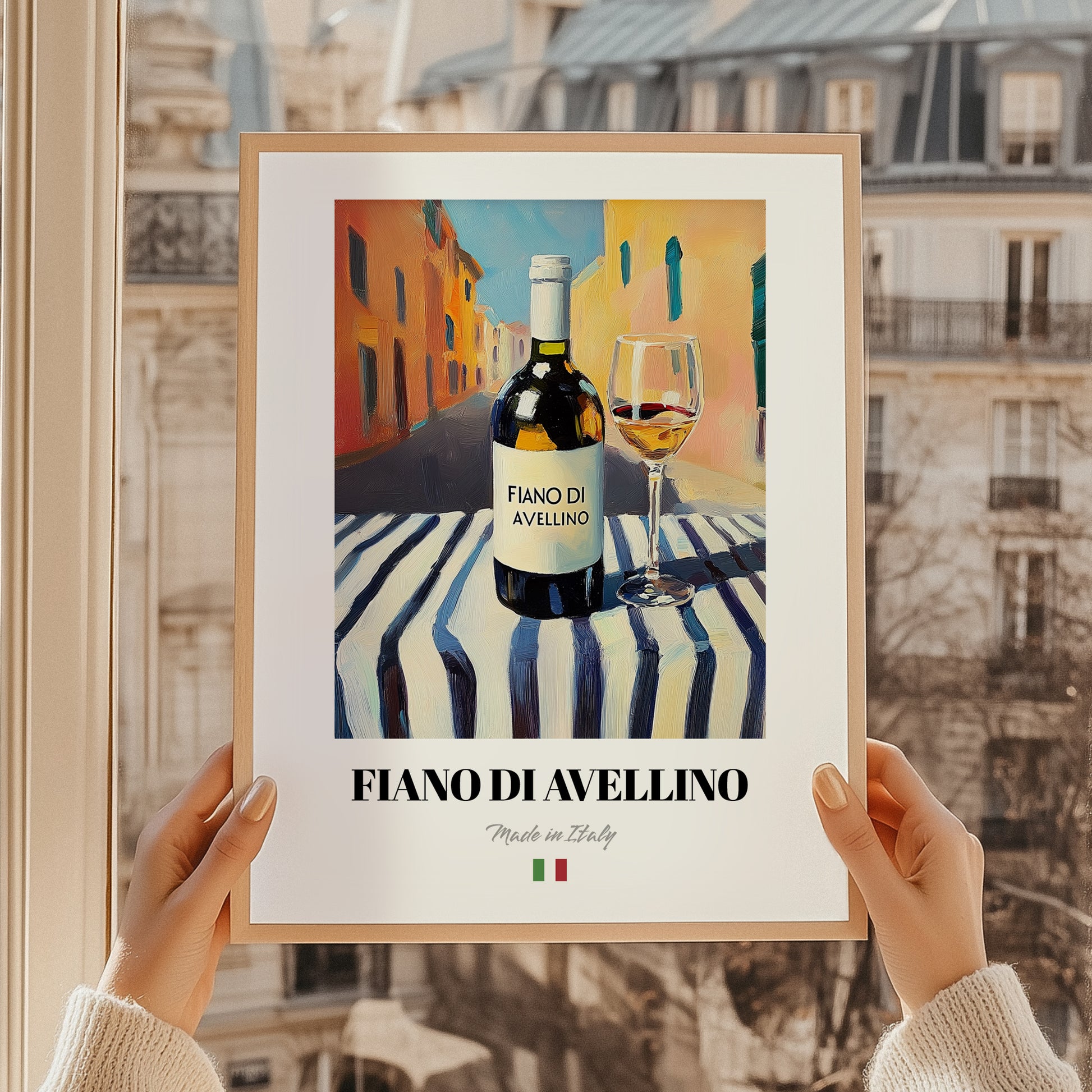 Fiano di Avellino – Italian White Wine, Wine Bar Illustration, styled in a charming Paris street view