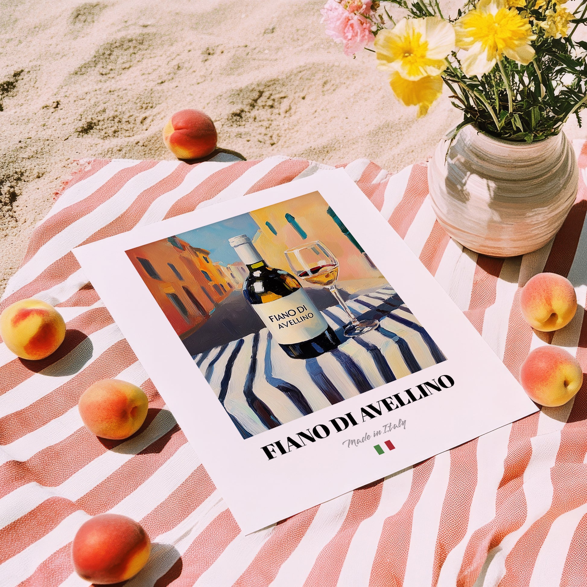 Fiano di Avellino – Italian White Wine, Wine Bar Illustration, unframed on coastal sand